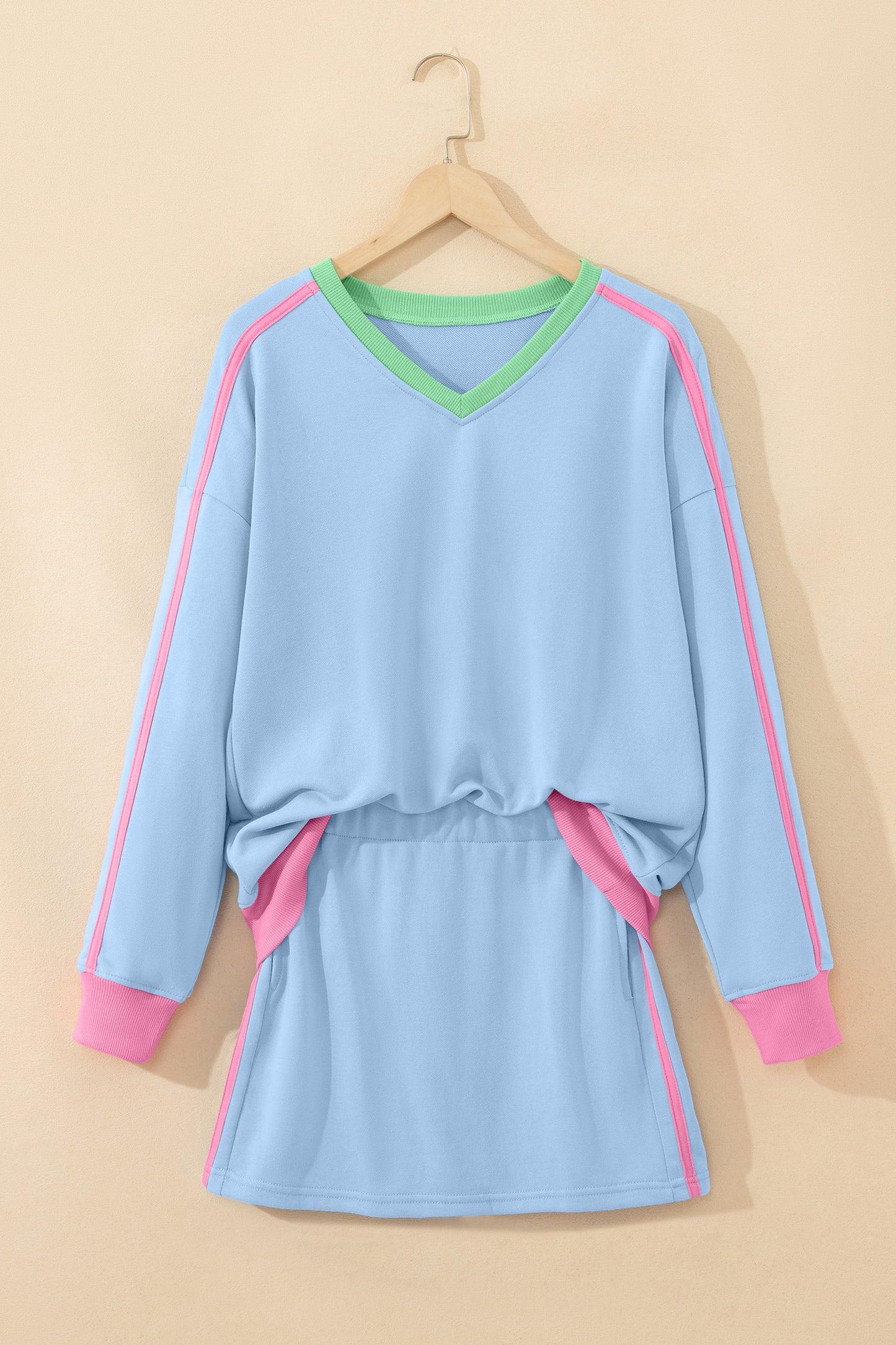 Sky Blue Ribbed Colorblock Trim V Neck Sporty Pullover Mini Skort 2pcs Athleisure Set