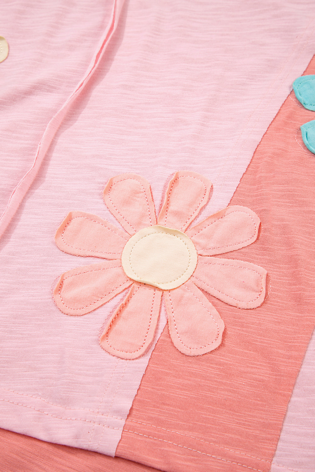 Light Blue Flower Patched Exposed Seam 3/4 Sleeve top