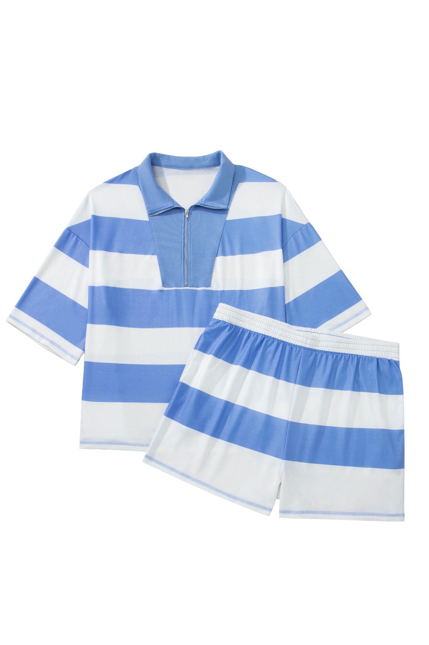 Sky Blue Stripe Drop Shoulder Zipped Collar T Shirt Plus Size Shorts Set