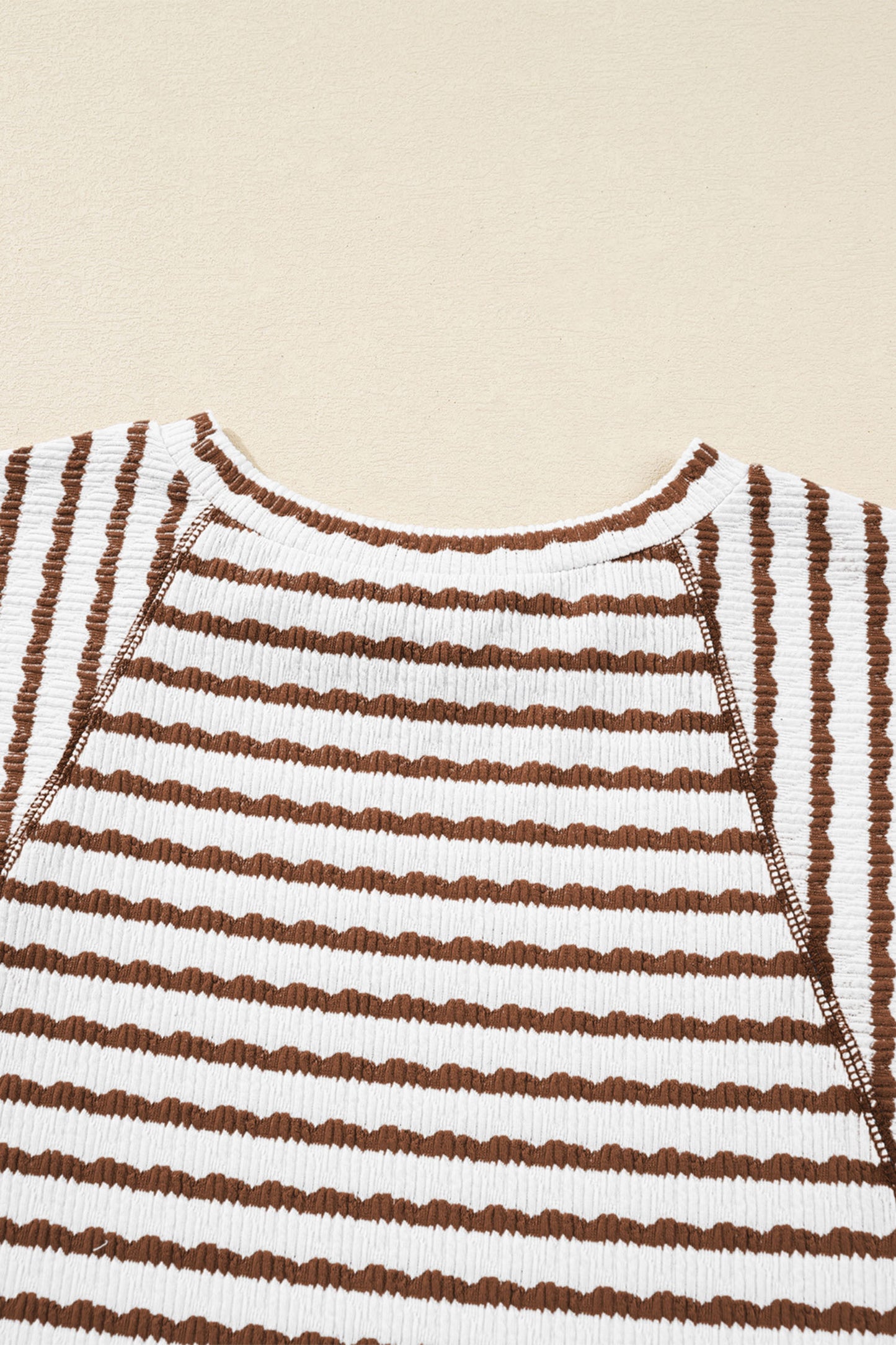 Blue Stripe Textured Knit Split Hem Half Sleeve Loose Top