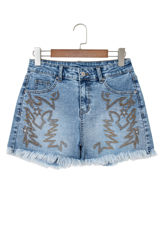 Dusk Blue Western Embroidery Stud Denim Shorts Summer Daily Wear