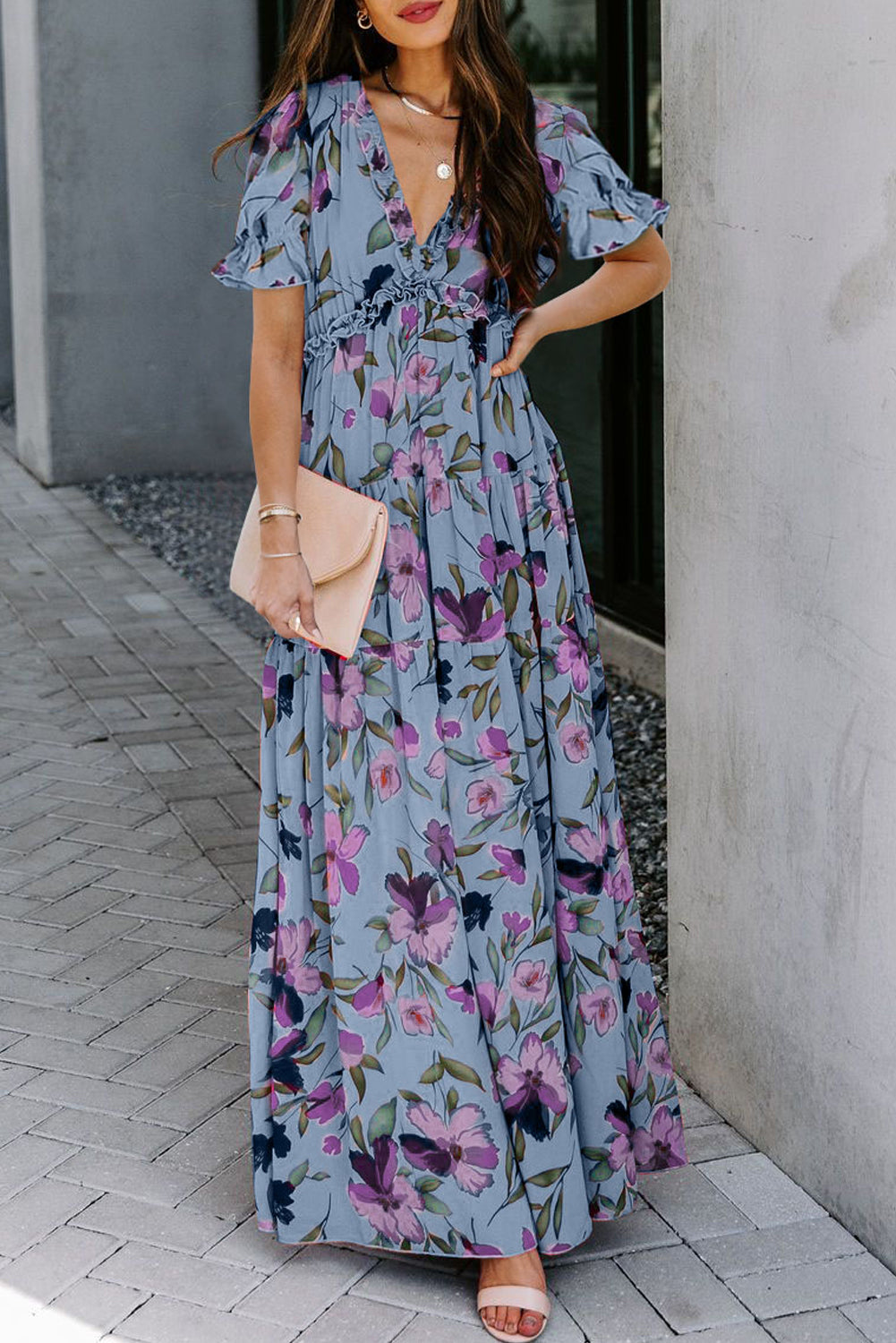 Multicolor Fiery Floral Print Frilled V Neck Short Sleeve Maxi Dress