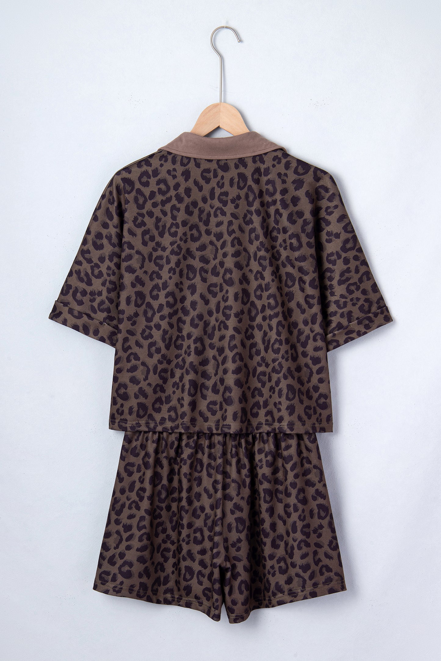 Khaki V Neck Collar Leopard Printed 2pcs Short Set
