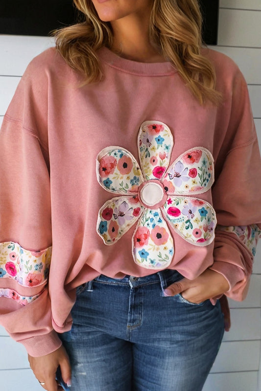 Peach Blossom Plus Size Floral Applique Drop Shoulder Sweatshirt