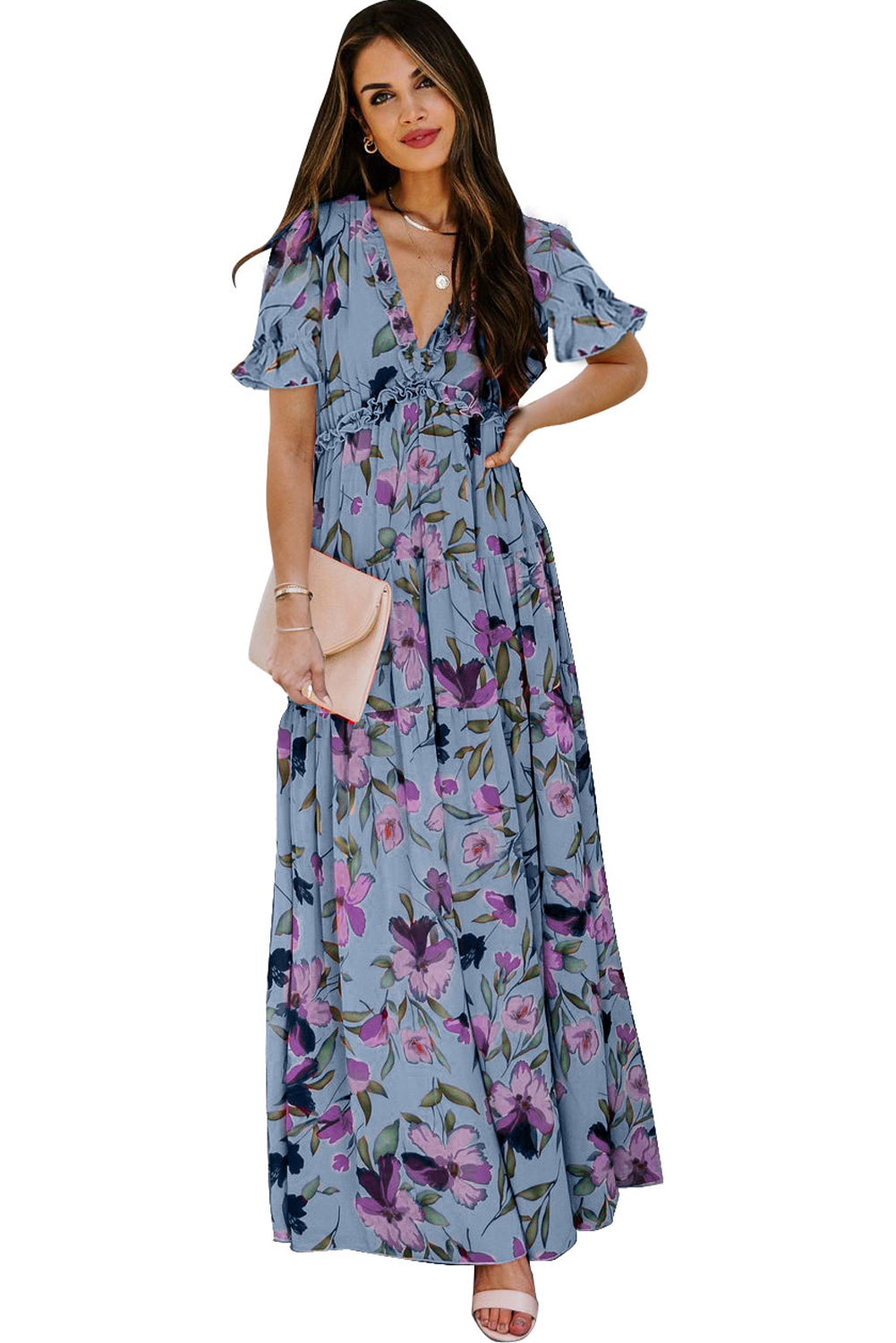 Multicolor Fiery Floral Print Frilled V Neck Short Sleeve Maxi Dress