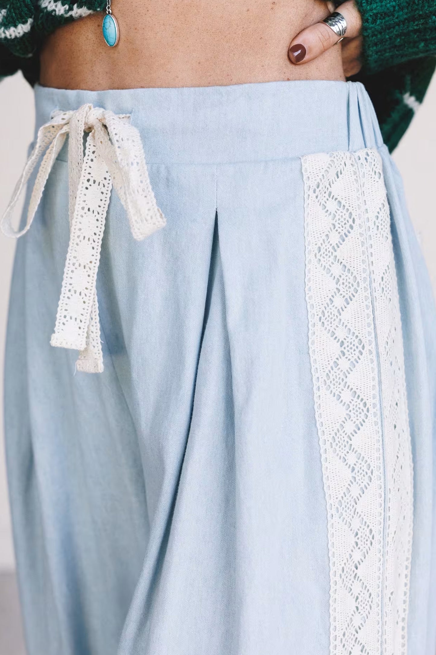 Beau Blue Lace Accent Floral Patched Pocket Pleated Wide Leg Slouchy Pants