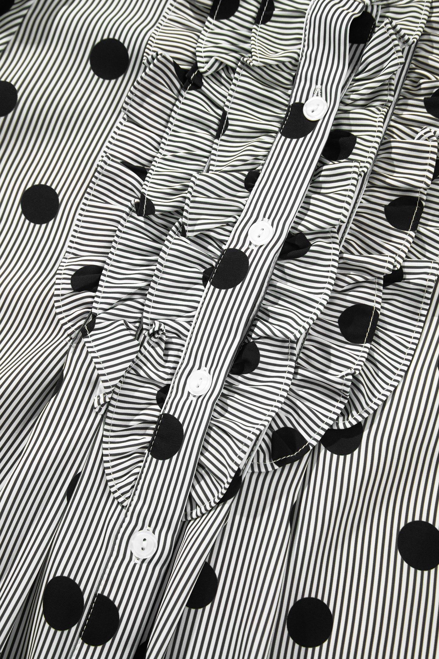Black white Polka Dot Striped Print Ruffle Stand Neck 3/4 Sleeve Shift Shirt