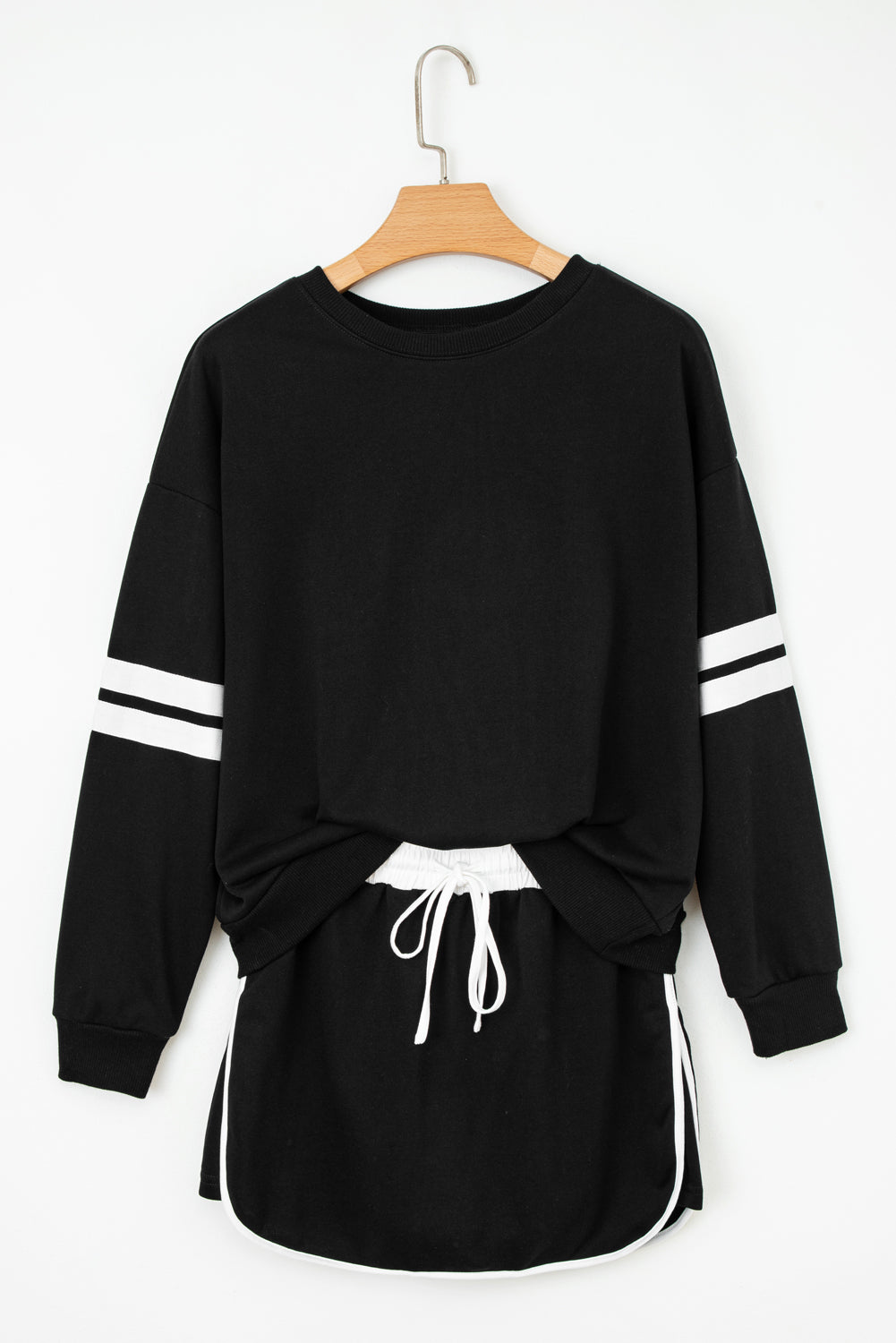 Black Varsity Stripe Detail Drop Shoulder Pullover Mini Skort Set