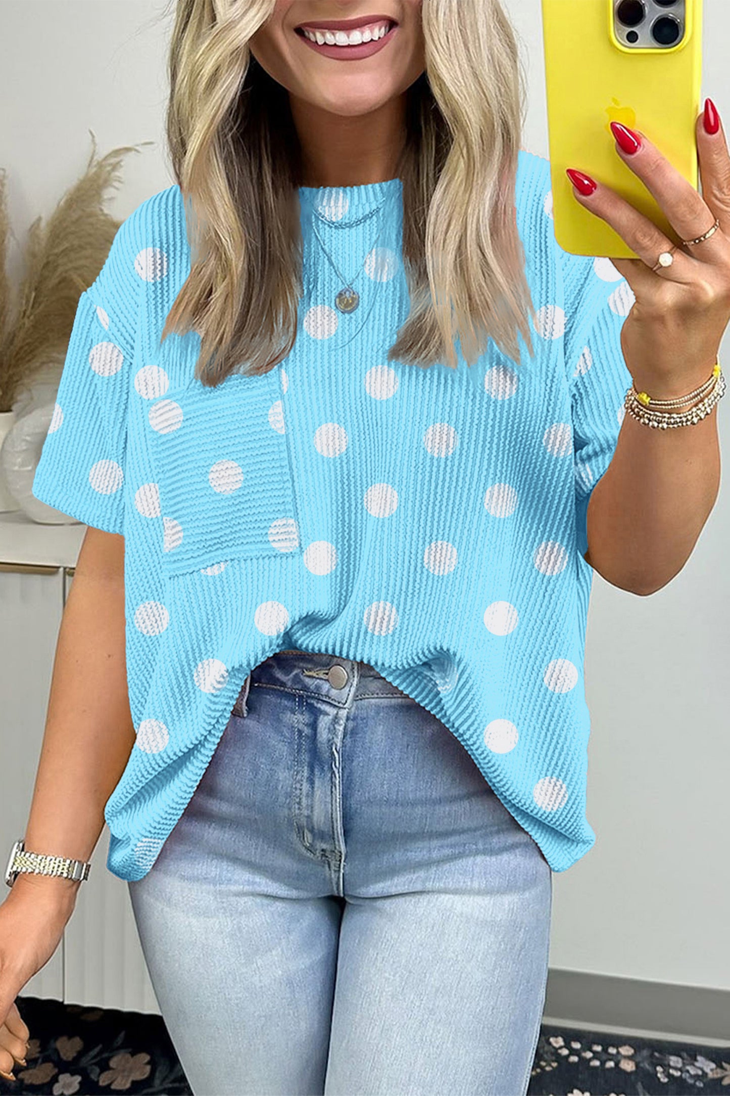 Pink Polka Dot Round Neck Drop Shoulder Patch Pocket Jacquard Texture Top