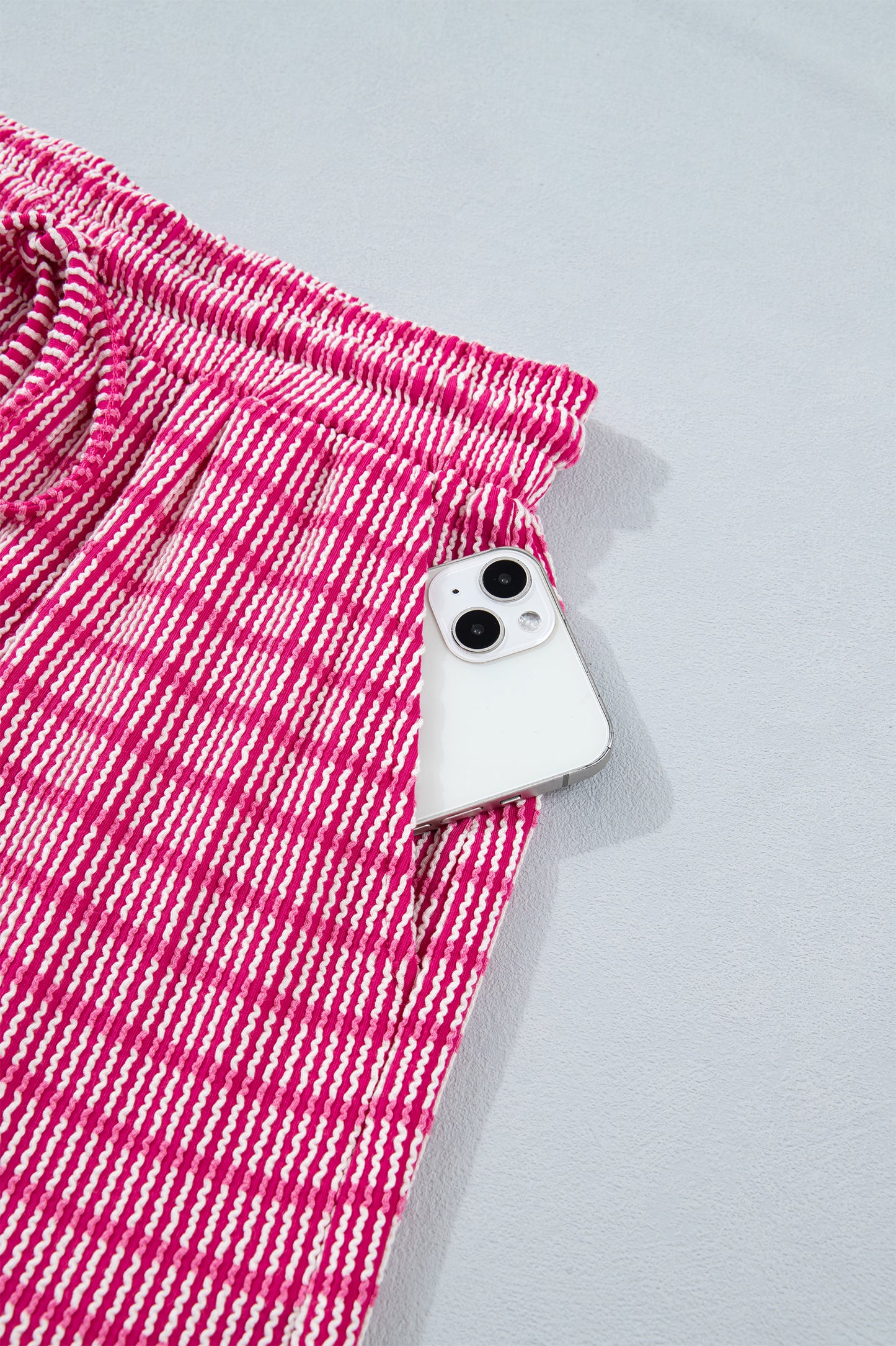 Rose Stripe Raised Rib Loose Tee Drawstring Elastic Waist 2pcs Short Set