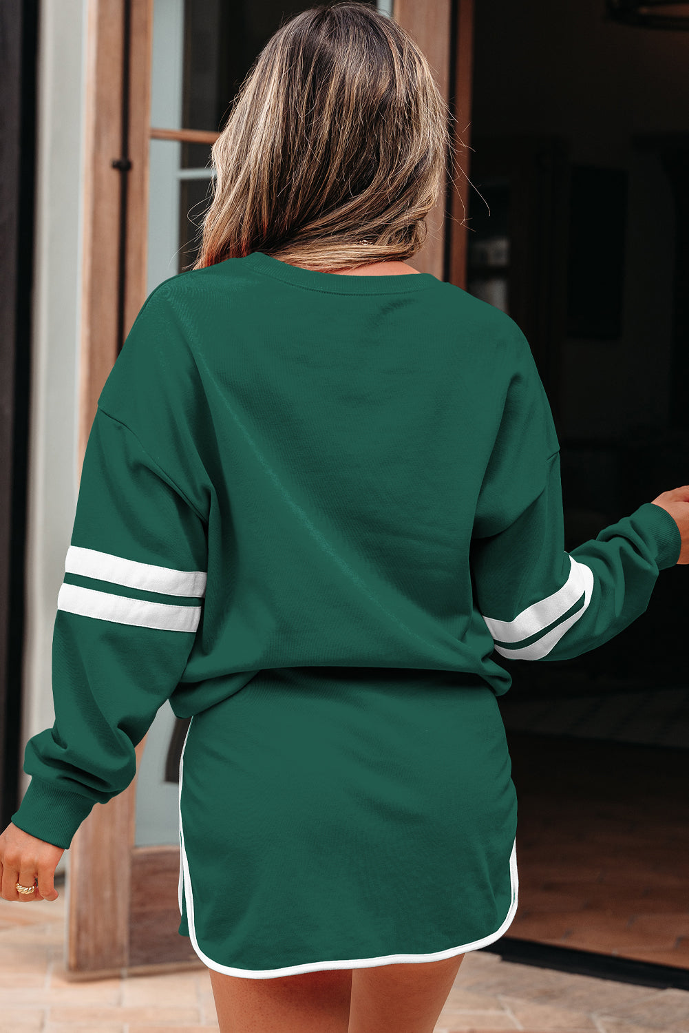 Evergreen Varsity Stripe Detail Drop Shoulder Pullover Mini Skort Set