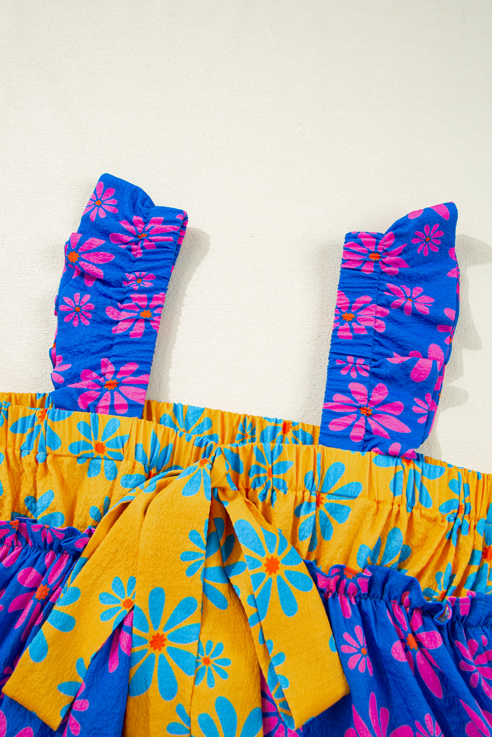 Blue Flower Colorblock Smocked Flutter Straps Flowy Top