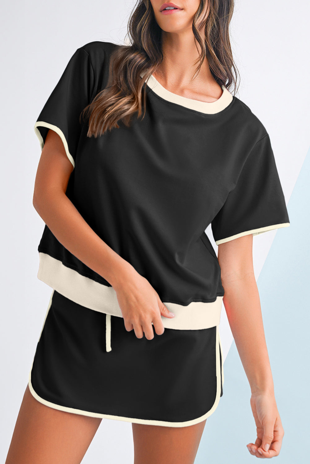 Moonlight Jade Colorblock Edge Drop Shoulder T Shirt and Skort 2Pcs Set