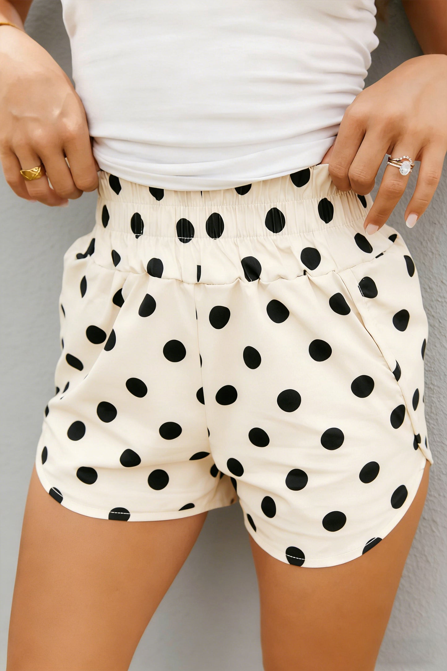 Sky Blue Polka Dot Print Shirred High Waist Casual Shorts