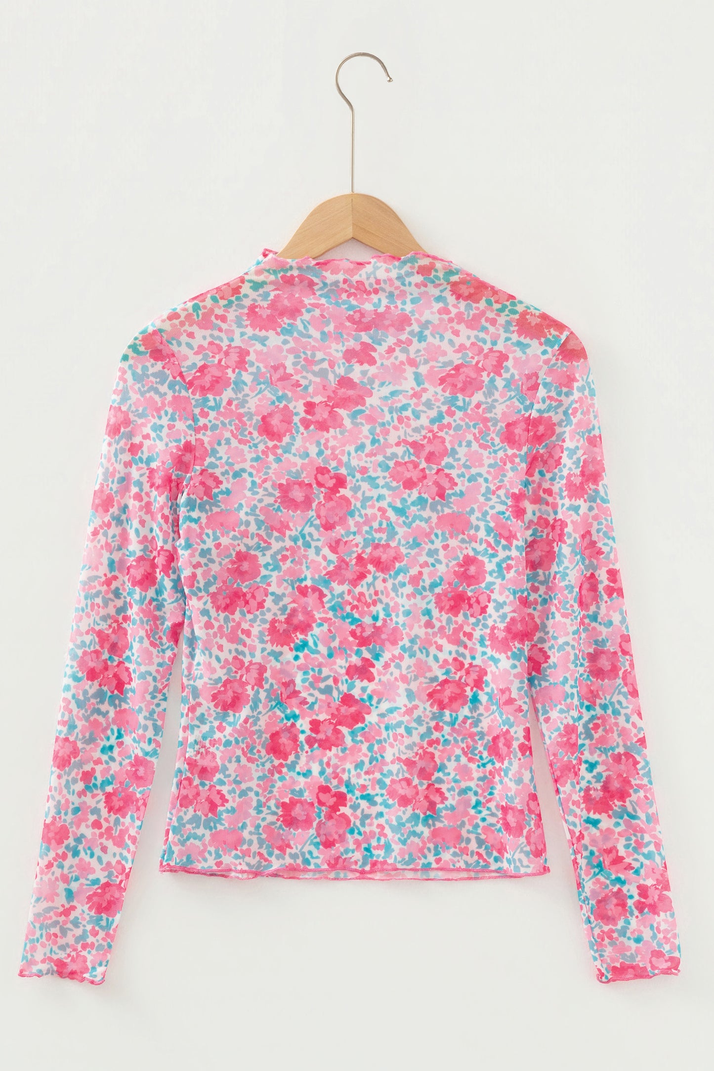 Rose Slim Fit Floral Mesh Long Sleeve Mock Neck Top
