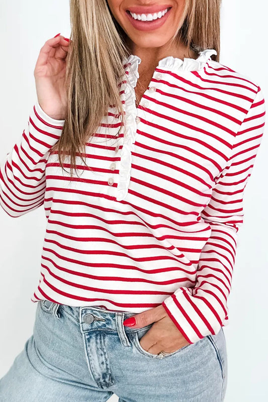 Red Stripe Contrast Frilled Trim Half Button Long Sleeve Top