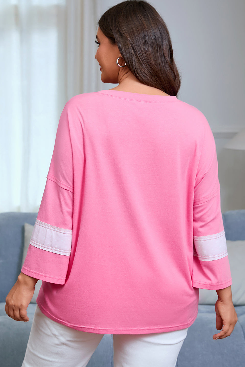 Pink Raw Edge Frayed Star Patched Plus Size Top