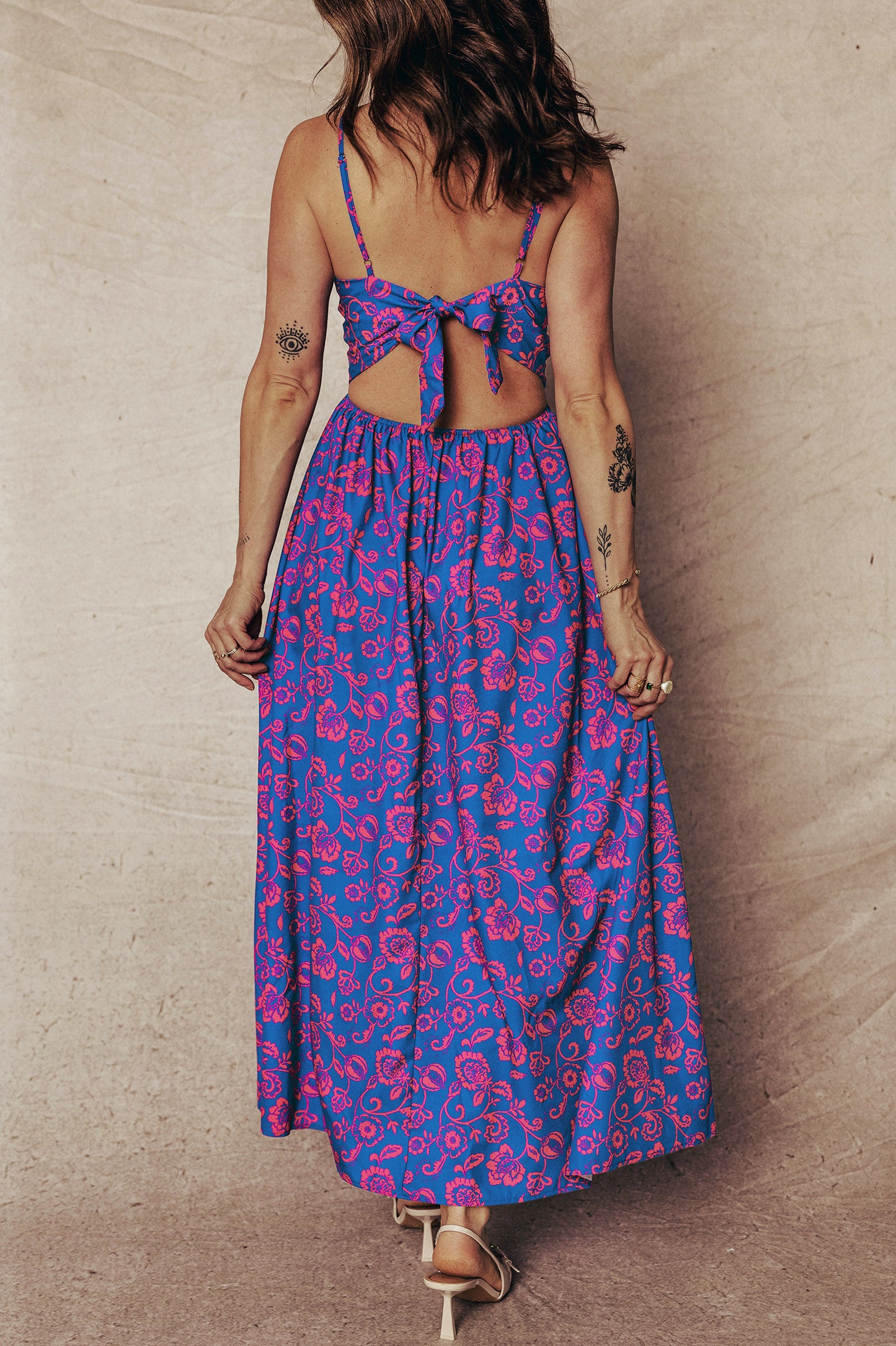 Blue Floral Print Twisted V Neck Tied Backless Maxi Dress
