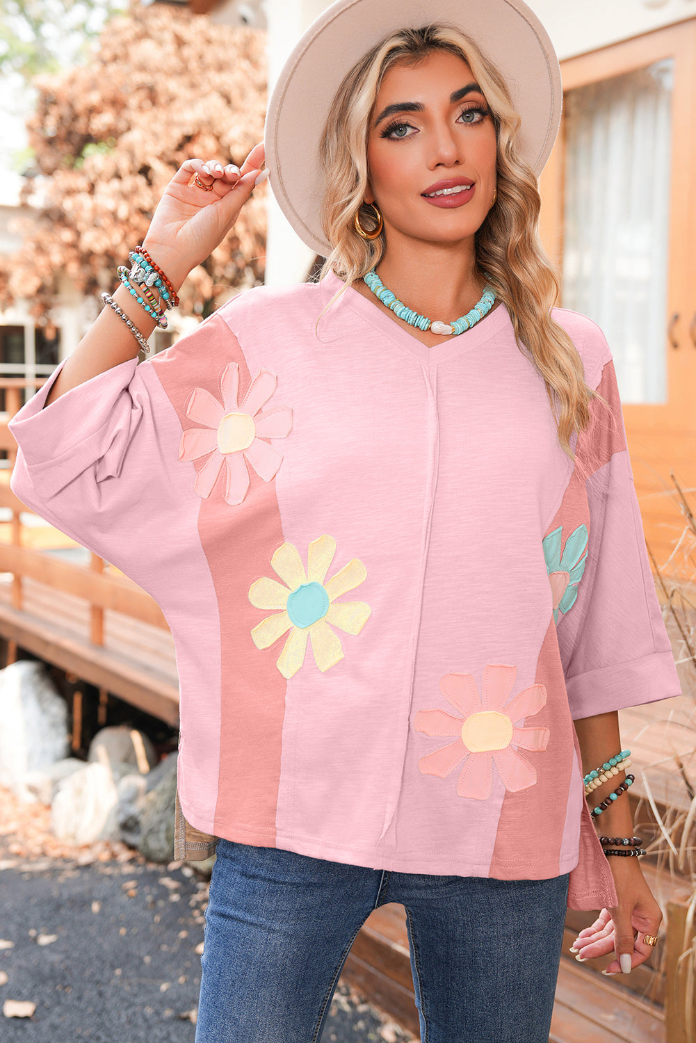 Light Blue Flower Patched Exposed Seam 3/4 Sleeve top