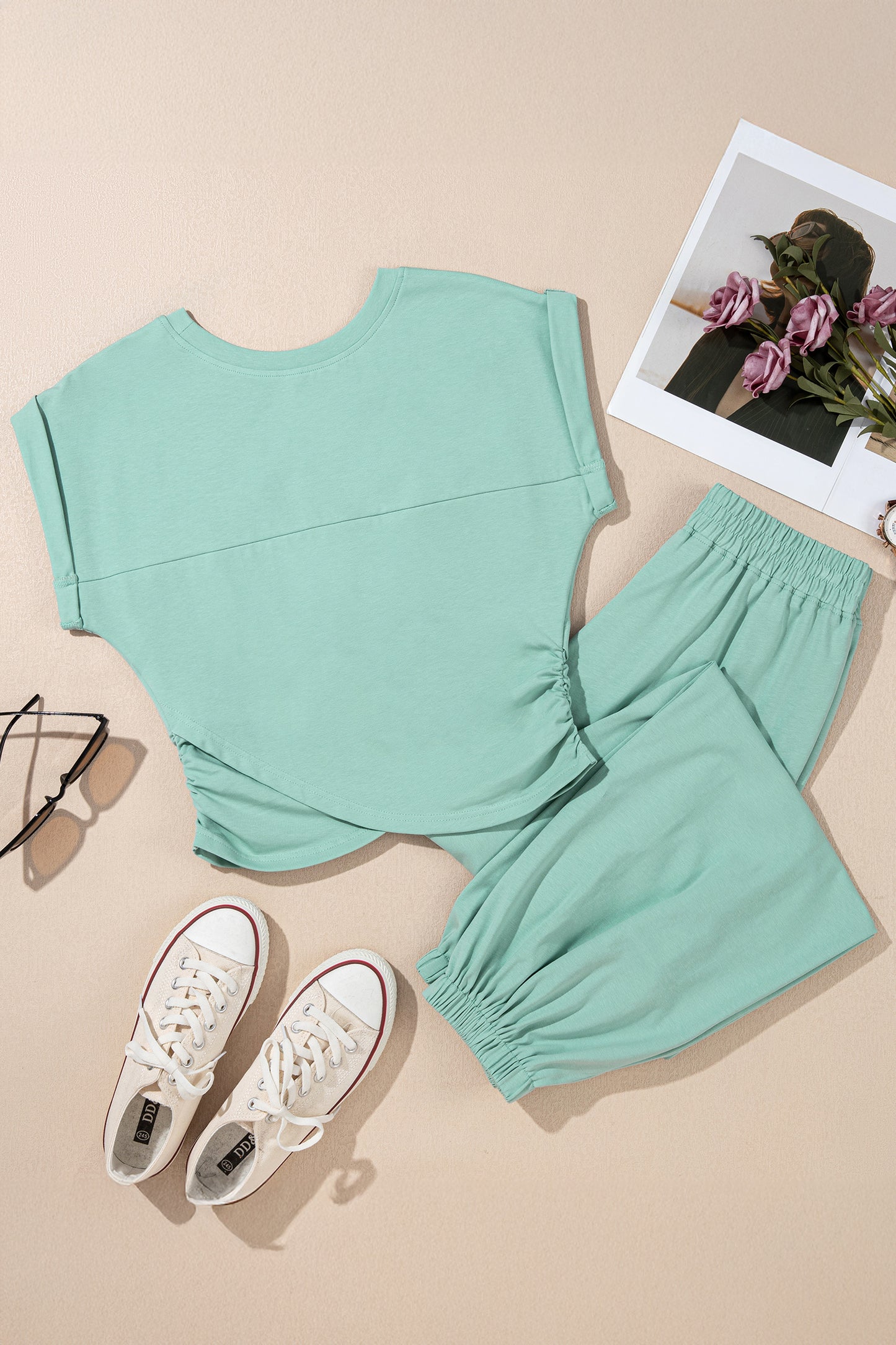 Yellow Cream Solid Color Cropped Tank Top and Jogger Pants Set