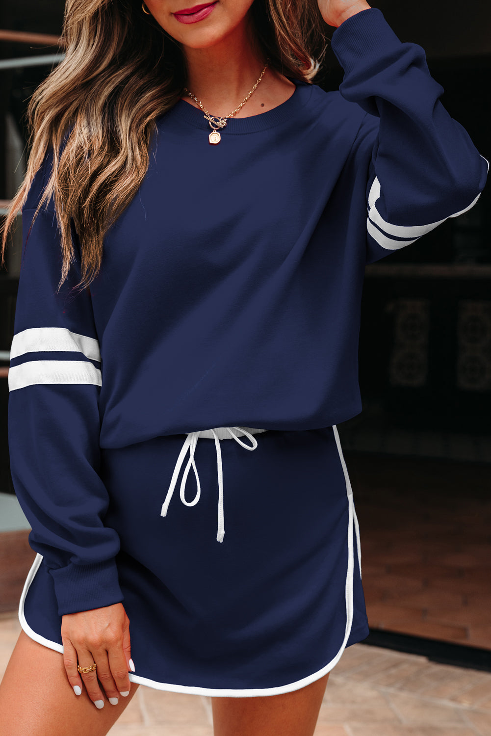 Navy Blue Varsity Stripe Detail Drop Shoulder Pullover Mini Skort Set