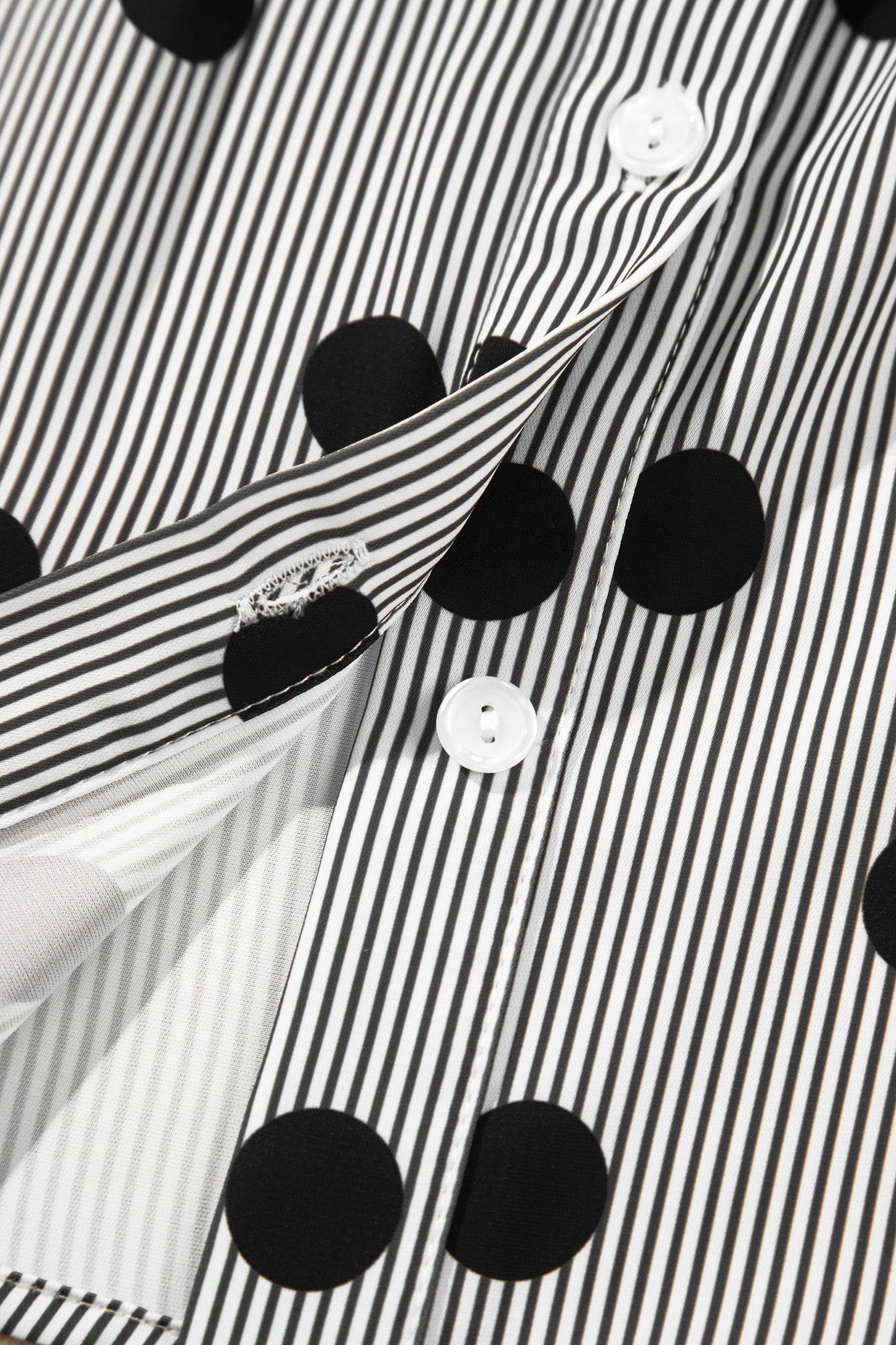 Black white Polka Dot Striped Print Ruffle Stand Neck 3/4 Sleeve Shift Shirt