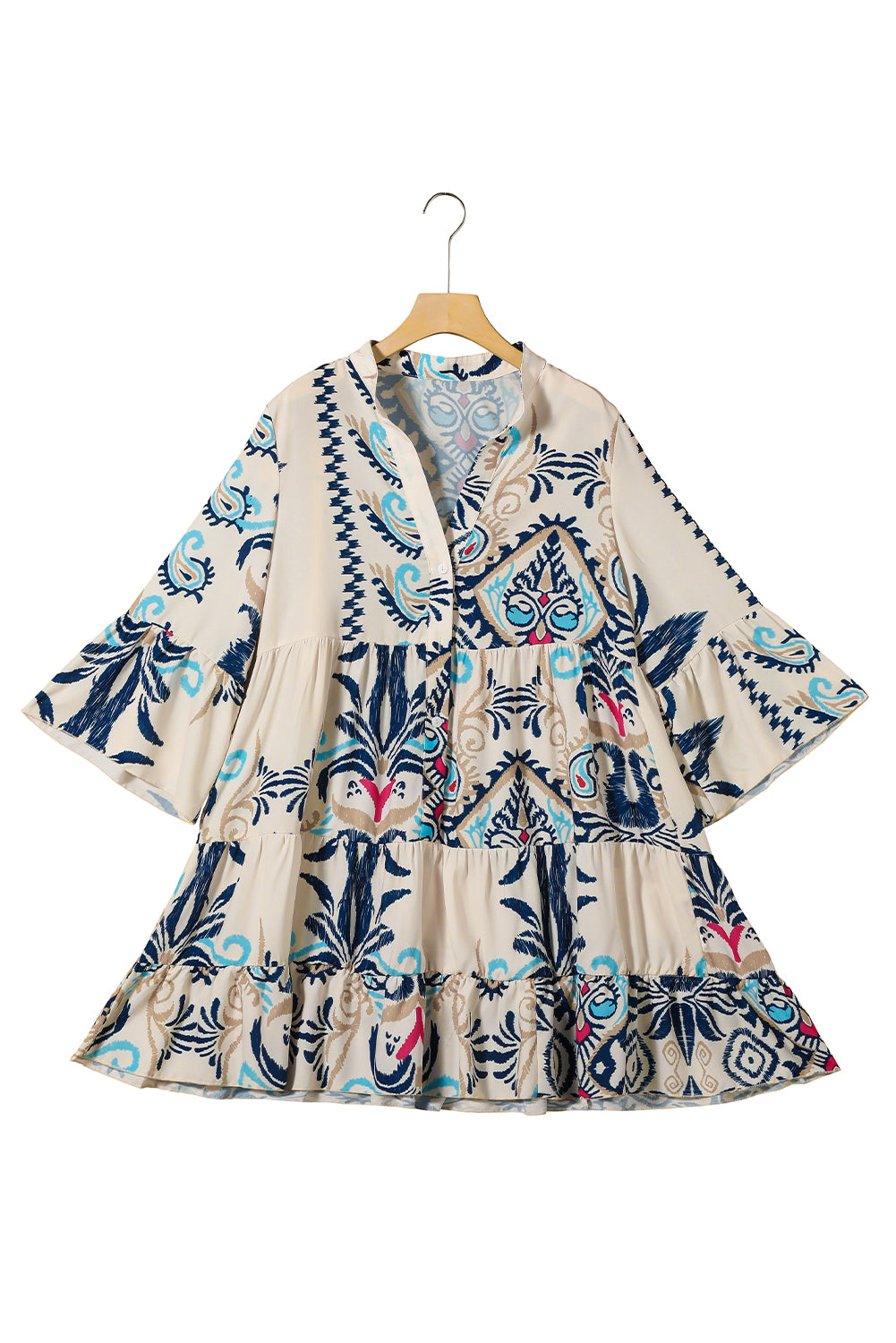 Sky Blue Ethnic Print Boho Tiered Mini Dress