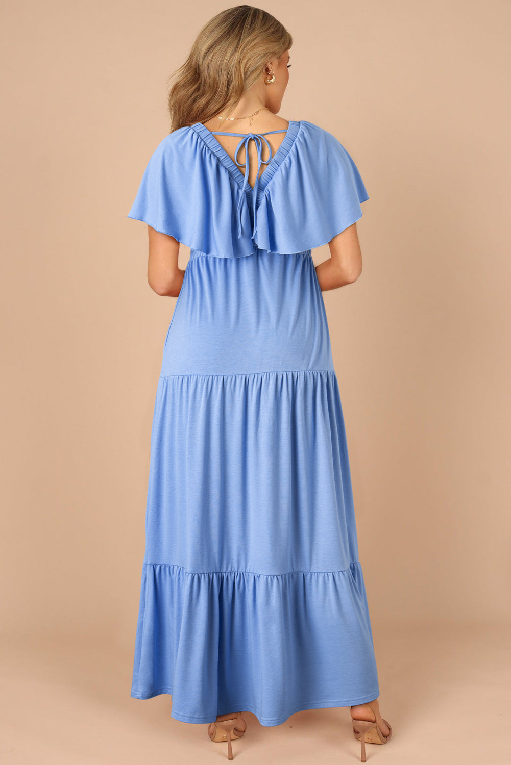 Sky Blue Textured V Neck Flutter Sleeve Ruffled Maxi Dress