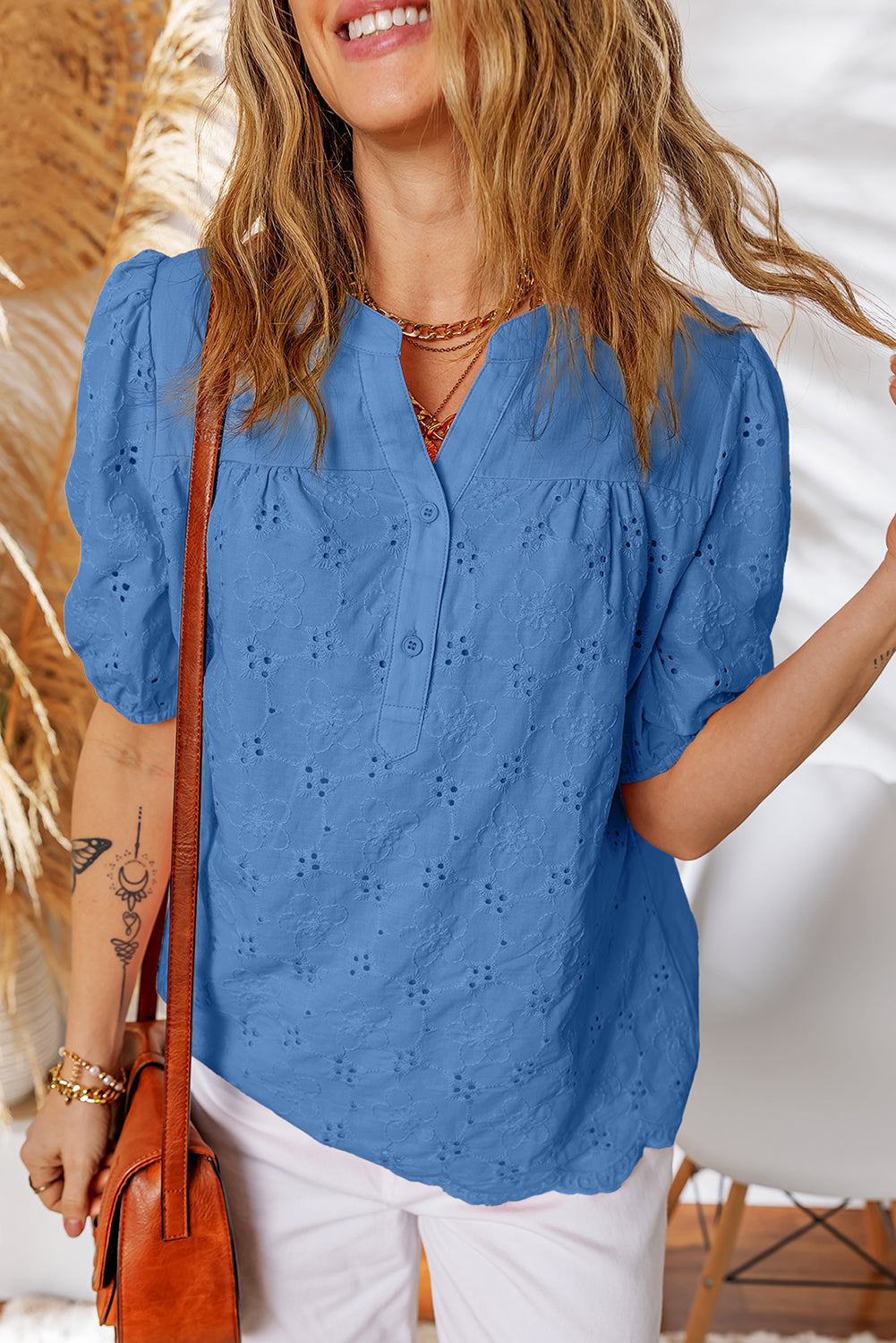 White Lace Crochet V Neck Half Sleeve Embroidery Button Down Blouses Casual Shirts
