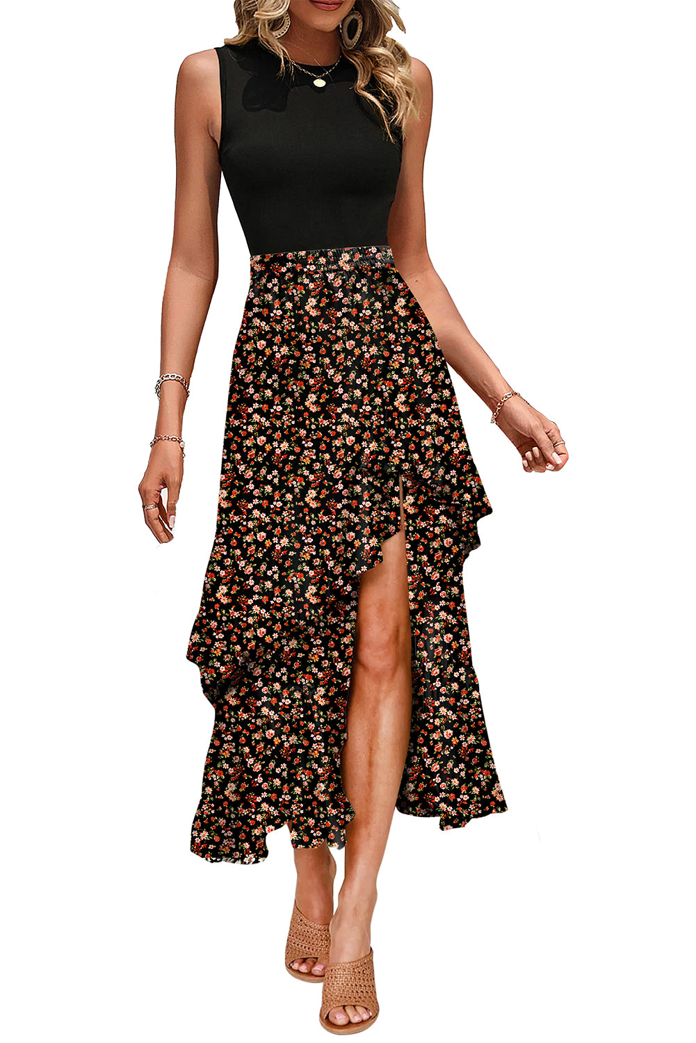 Black Floral Patchwork Asymmetric Ruffle Skirt Solid Tank Bodice Cocktail Dress