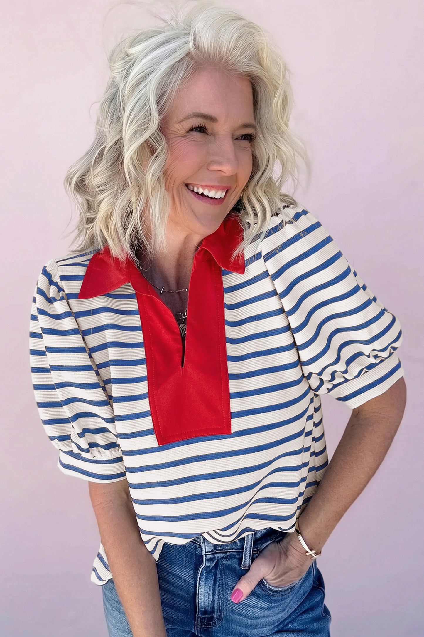 Blue Stripe Short Puff Sleeve Color Block Polo Collar Blouse