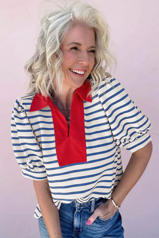 Blue Stripe Short Puff Sleeve Color Block Polo Collar Blouse