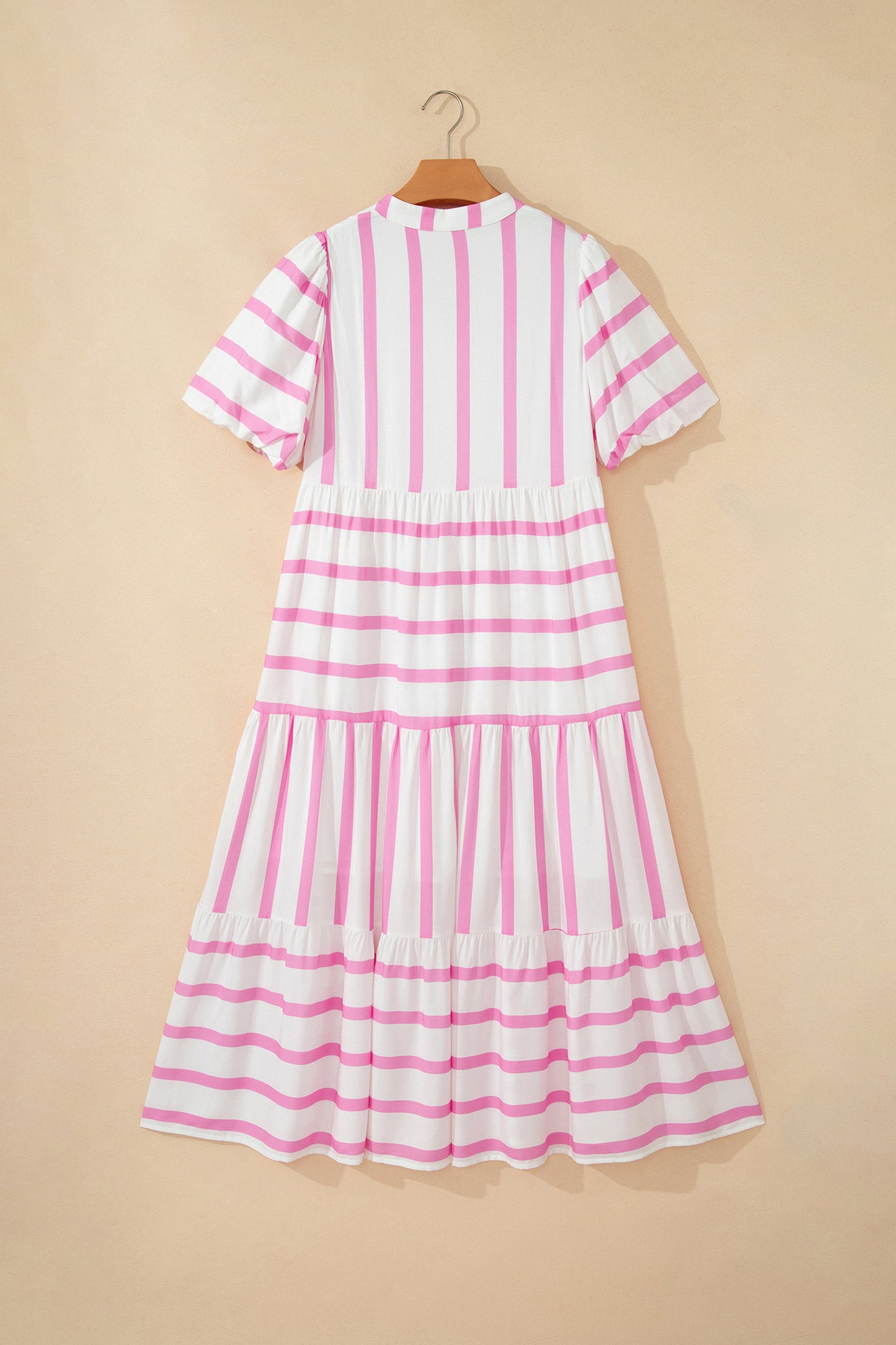 Green Stripe Ricrac Trim Notched Neck Half Sleeve Vacation Dress
