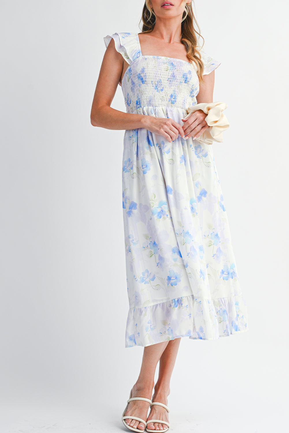 Sky Blue Floral Smocked High Waist Ruffle Sleeveless Long Dress