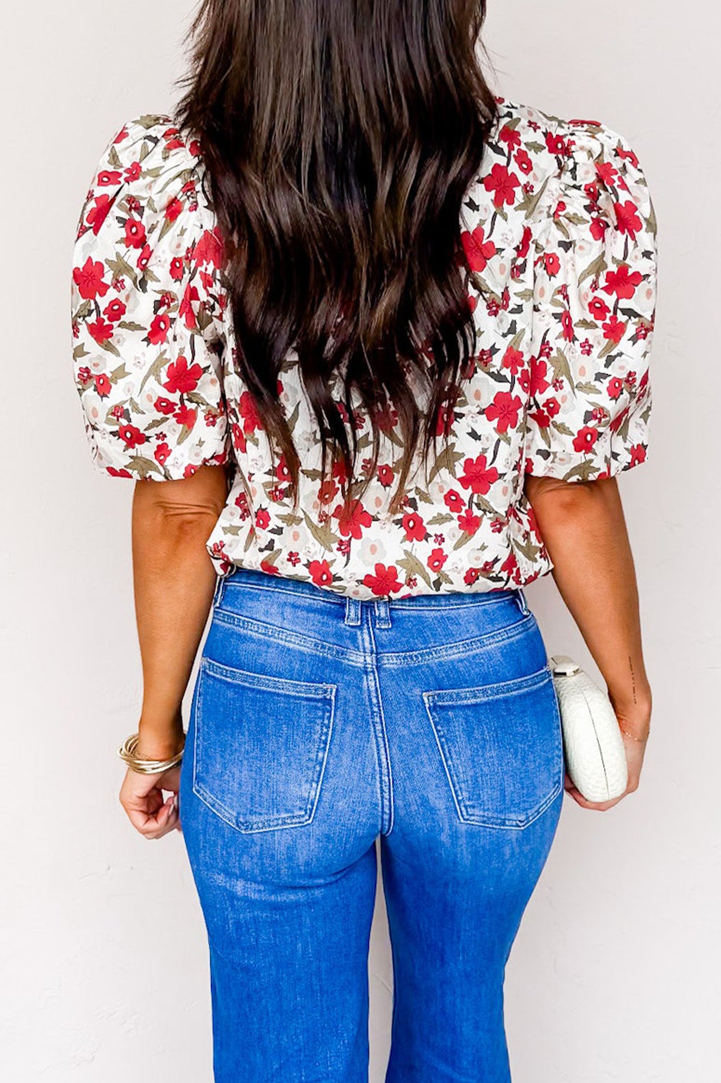 Red Floral Print Short Puff Sleeve Button Front Shirt