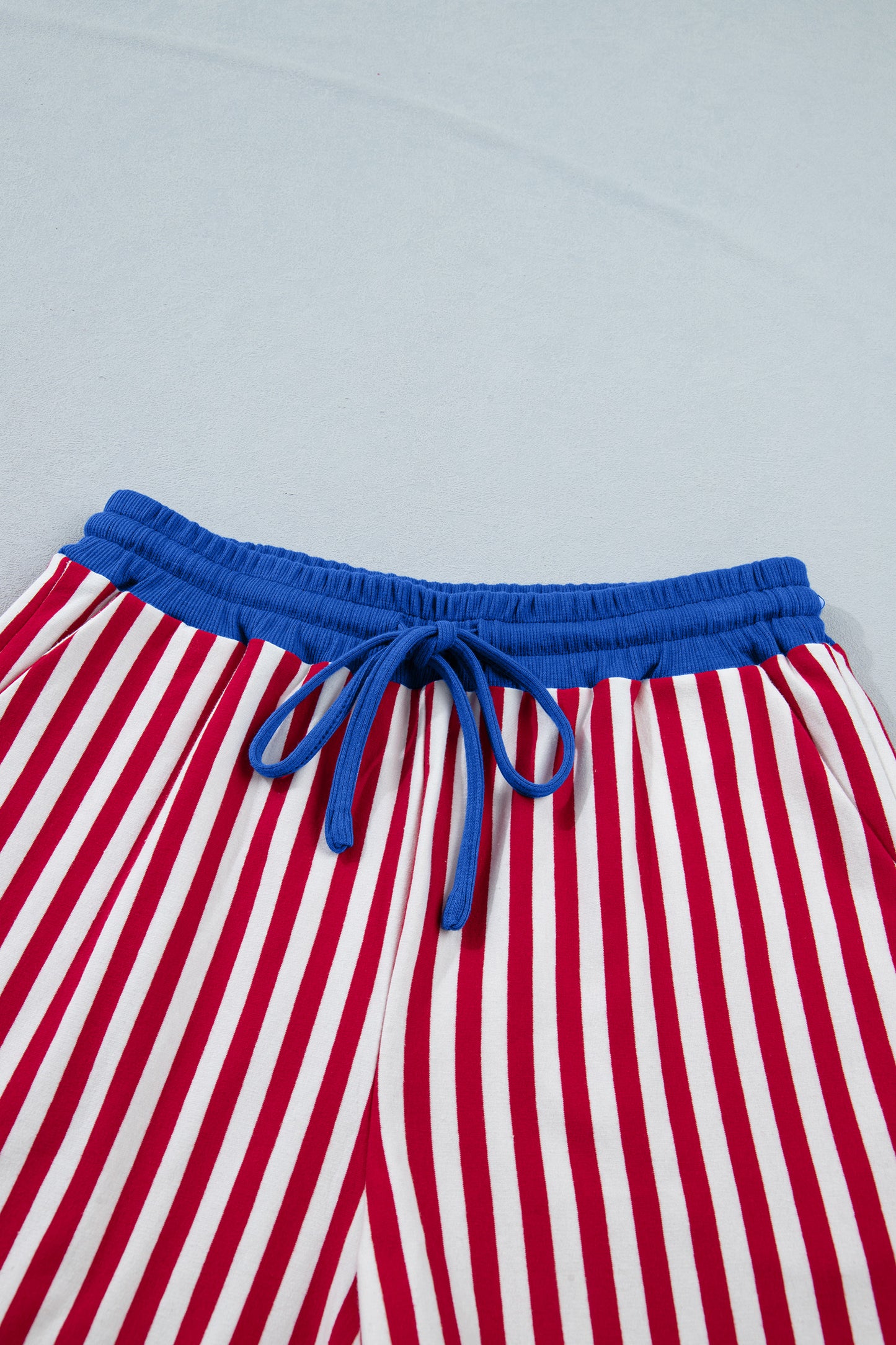 Yellow Stripe Colorblock Trim V Neck Tee Drawstring Elastic Waist Short Set