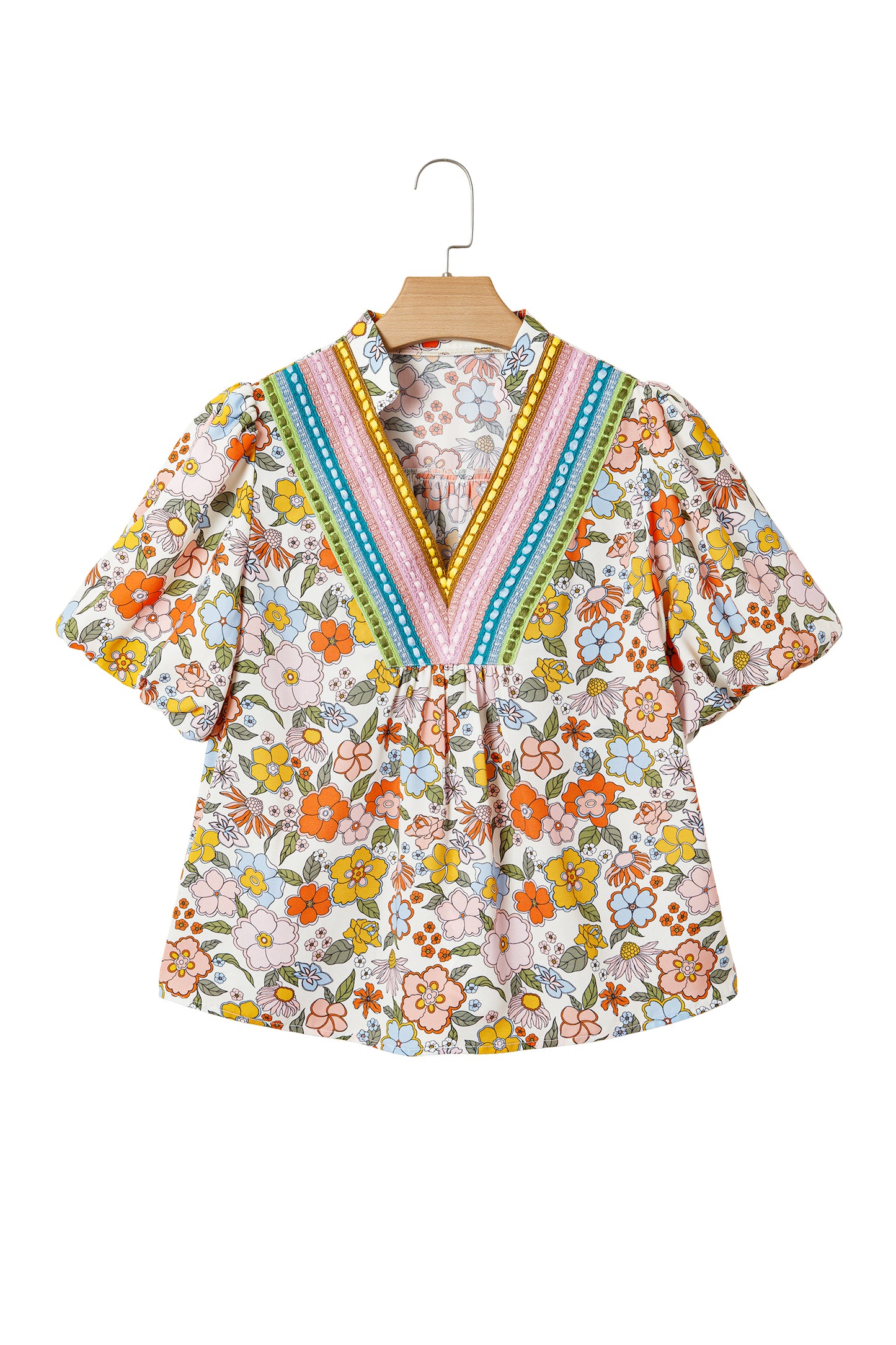 Multicolour Crochet V Neckline Puff Sleeve Boho Flower Blouse