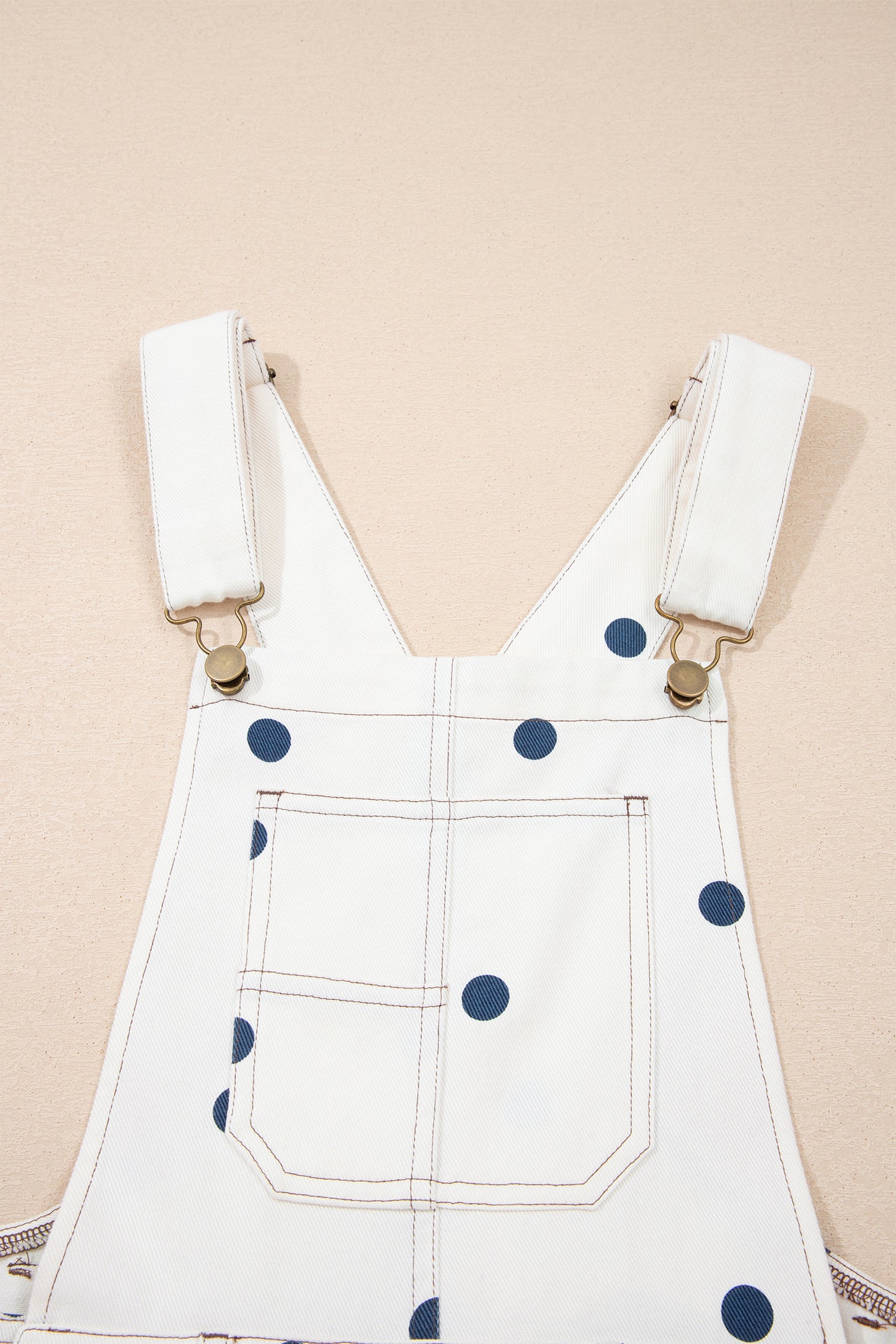 Light French Beige Polka Dot Print Bib Pocket Denim Barrel Overalls Jumpsuit