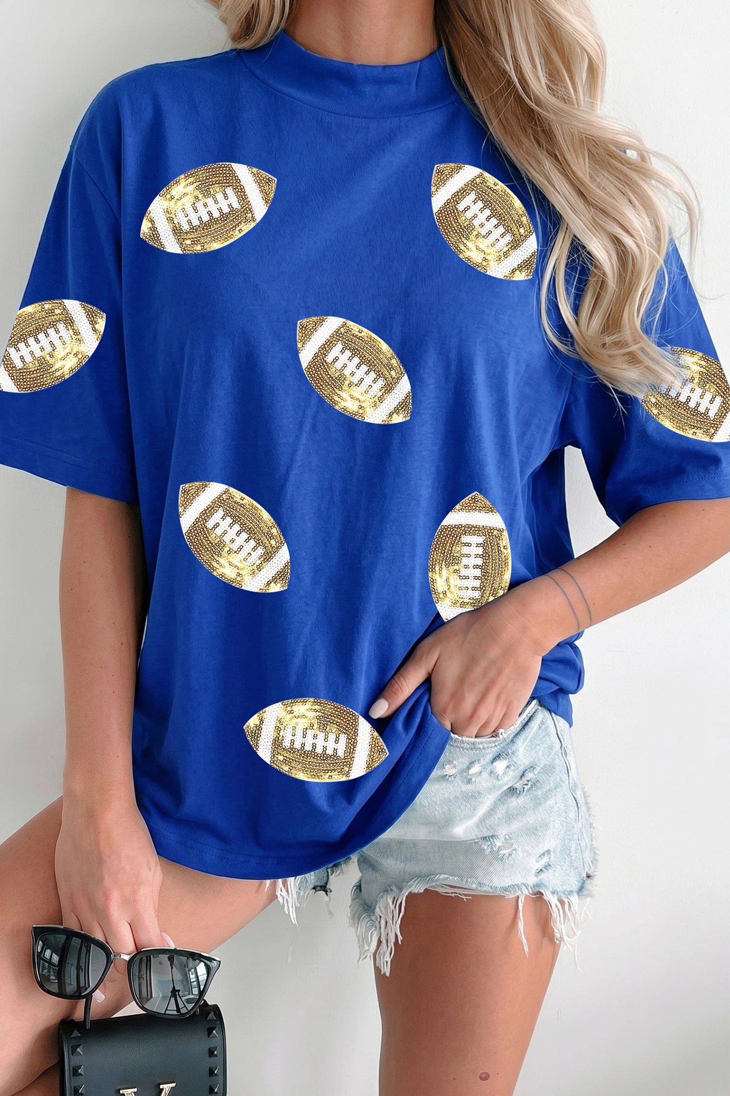 Dark Blue Sequin Rugby Pattern High Neck Game Day Shift T-Shirt