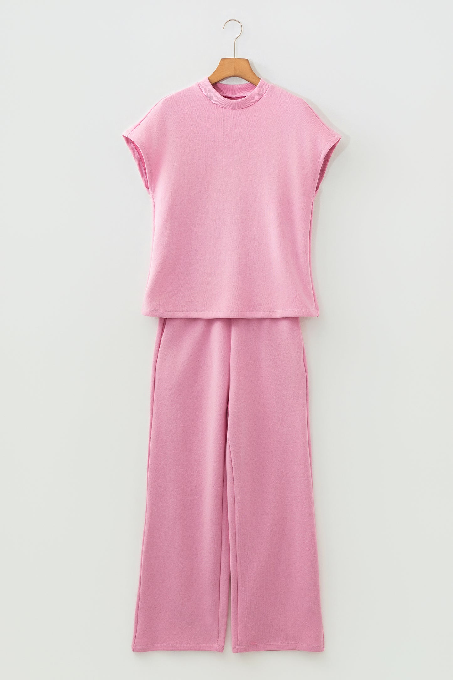 Pink Textured Knit High Neck Loose Tee Elastic Waist Loose Pant Set