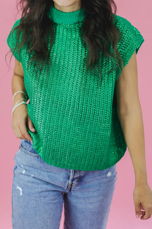 Bright Green Solid Color Knit High Neck Short Sleeve Sweater