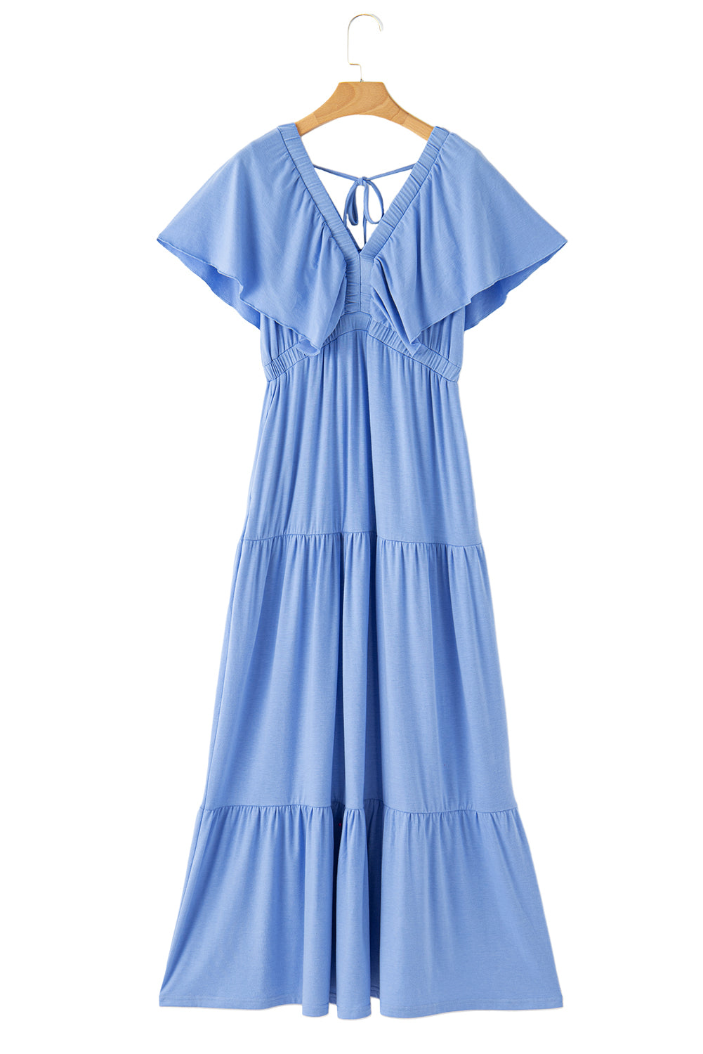 Sky Blue Textured V Neck Flutter Sleeve Ruffled Maxi Dress
