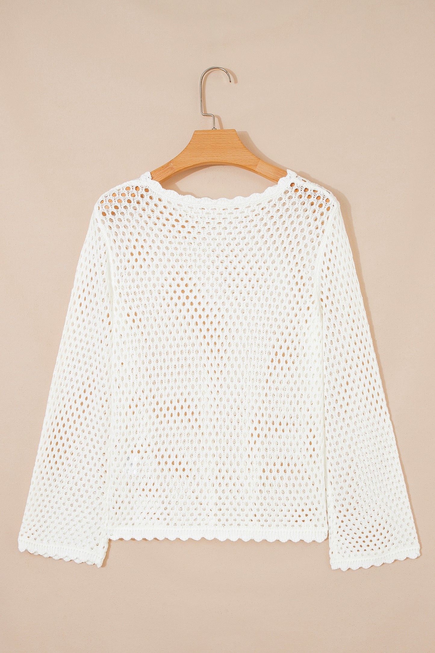 Yellow Cream Scalloped Trim Hollow Out Knit Long Sleeve Top