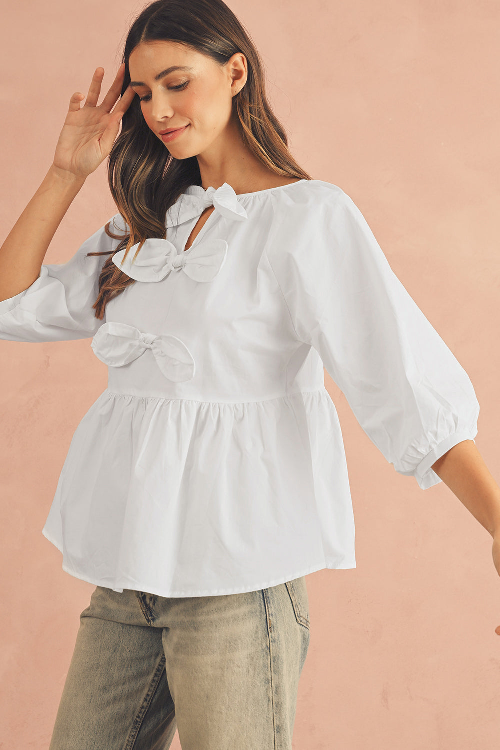 White Bow Knot Cutout Back Loose Fit 3/4 Sleeve Blouse