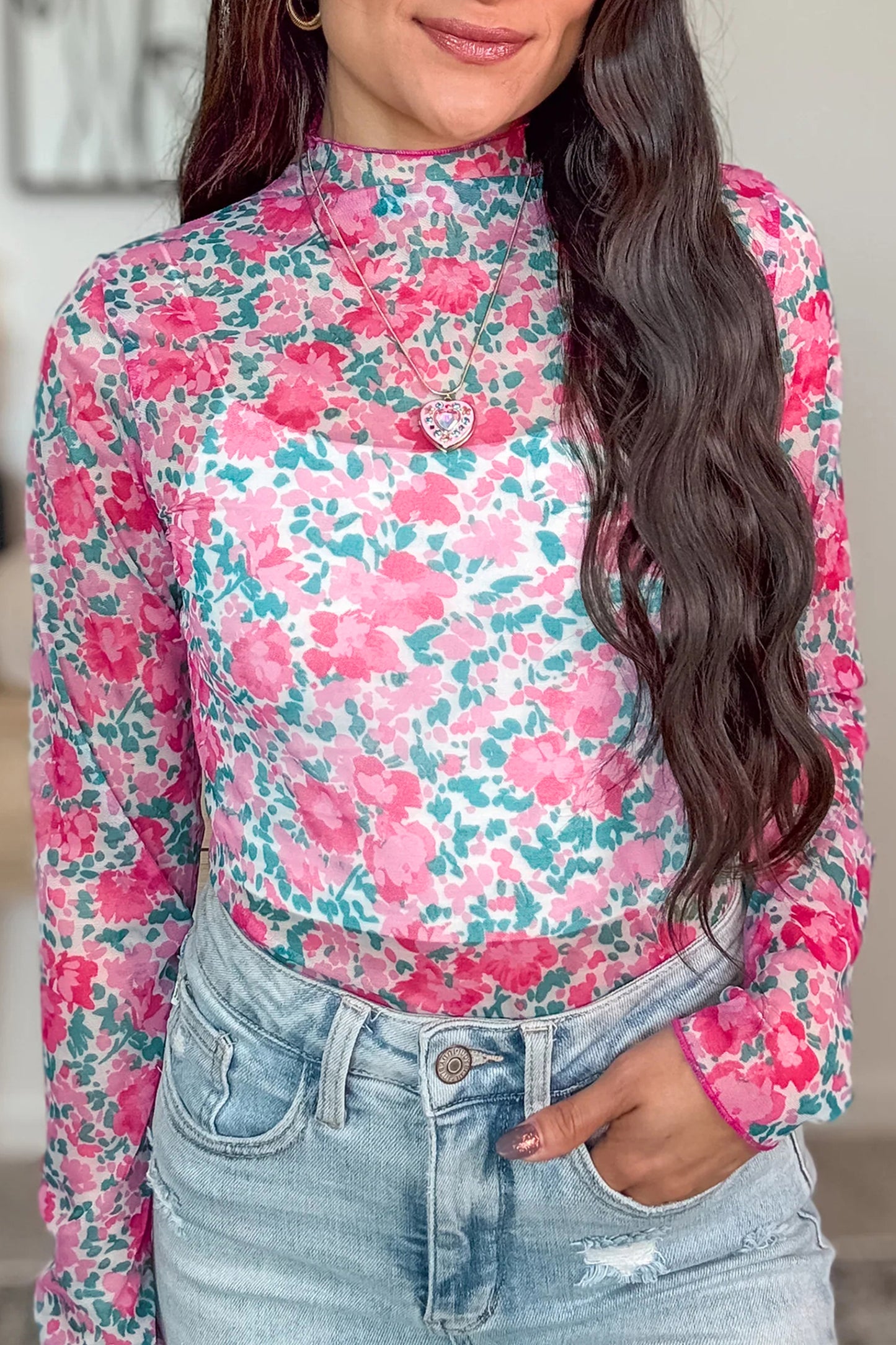 Rose Slim Fit Floral Mesh Long Sleeve Mock Neck Top