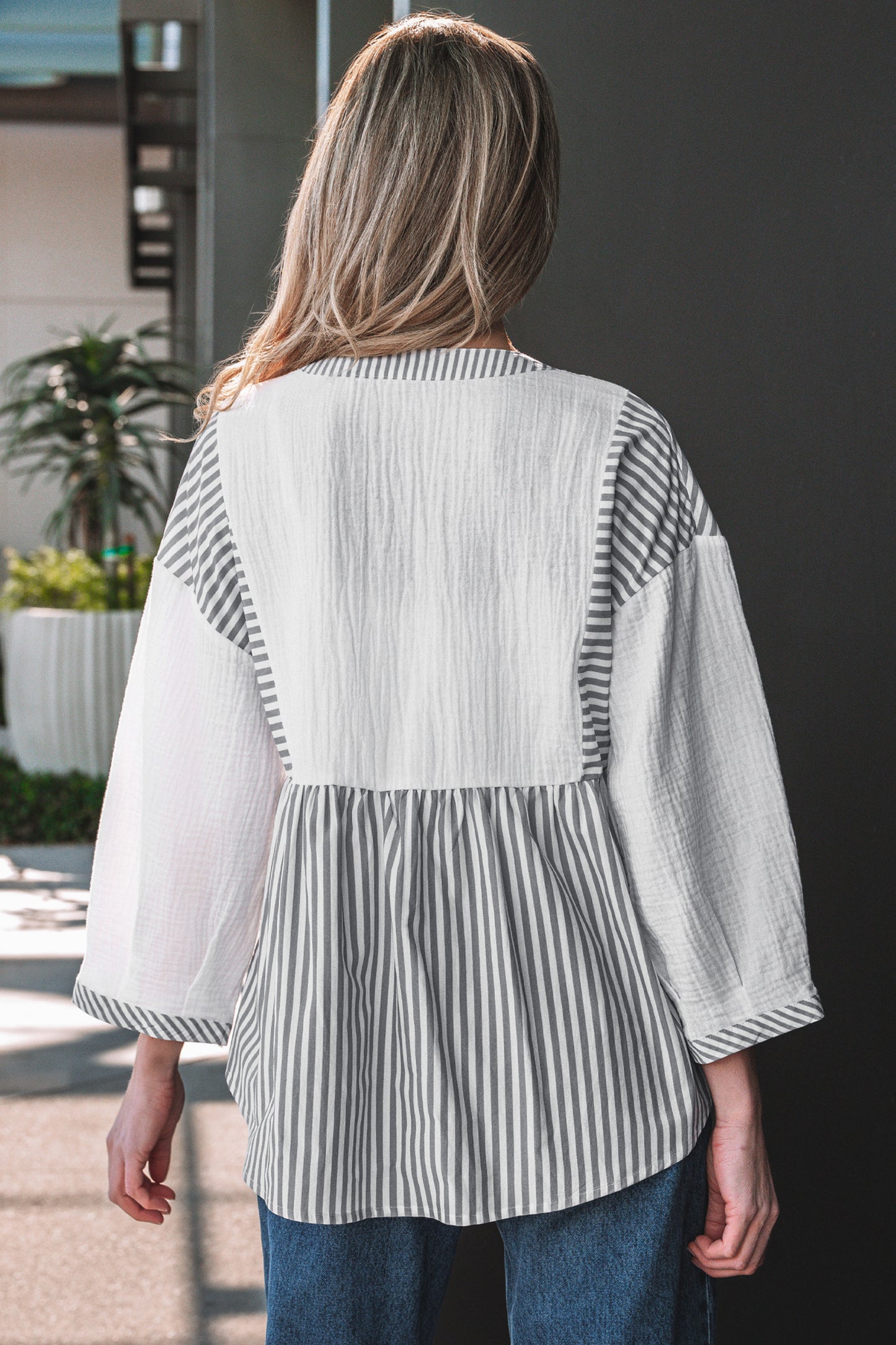 Gray Stripe Half Button Gauze Patchwork Bracelet Sleeve Babydoll Blouse