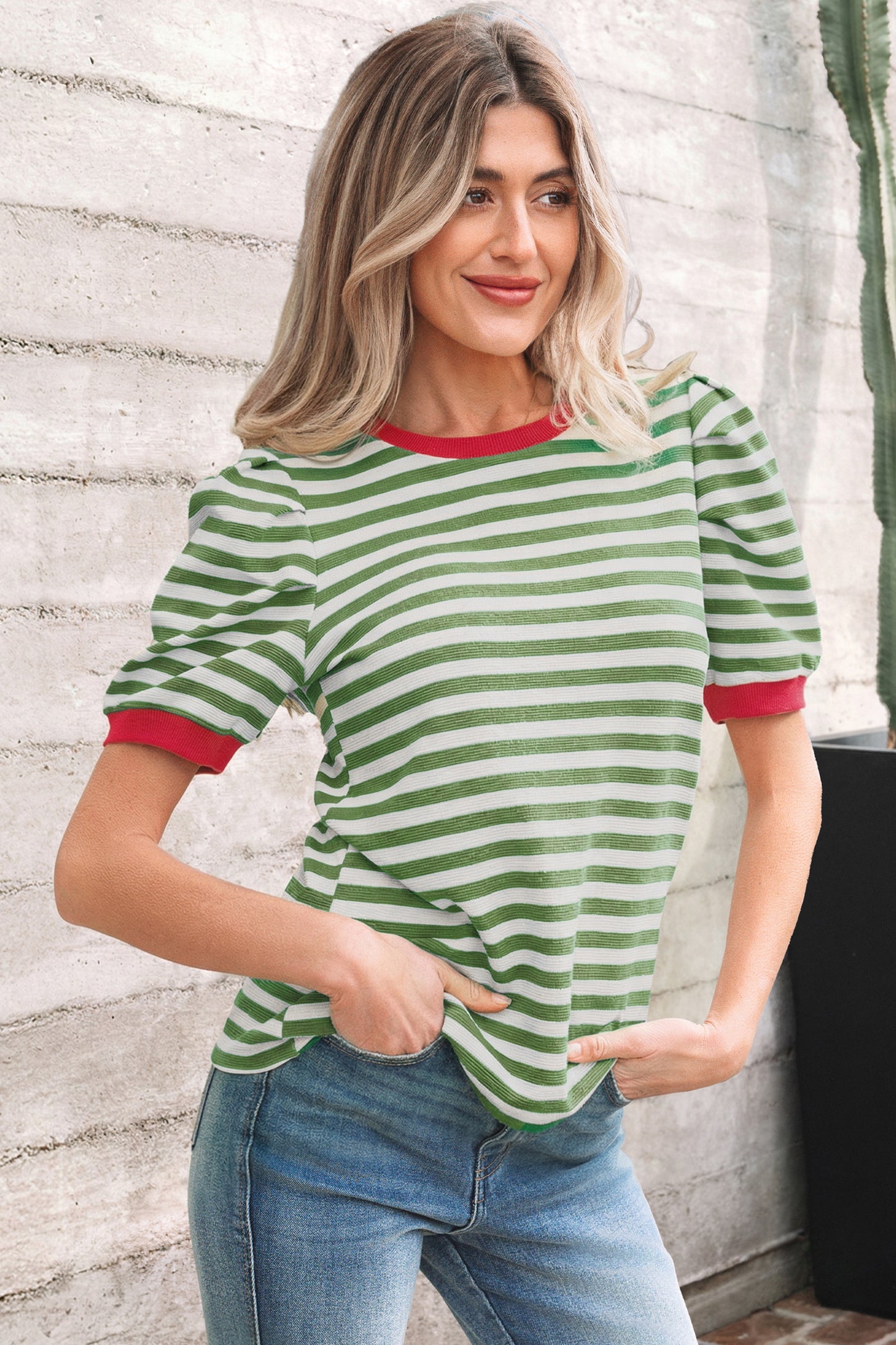 Green Stripe Short Puff Sleeve Contrast Trim Round Neck Tee