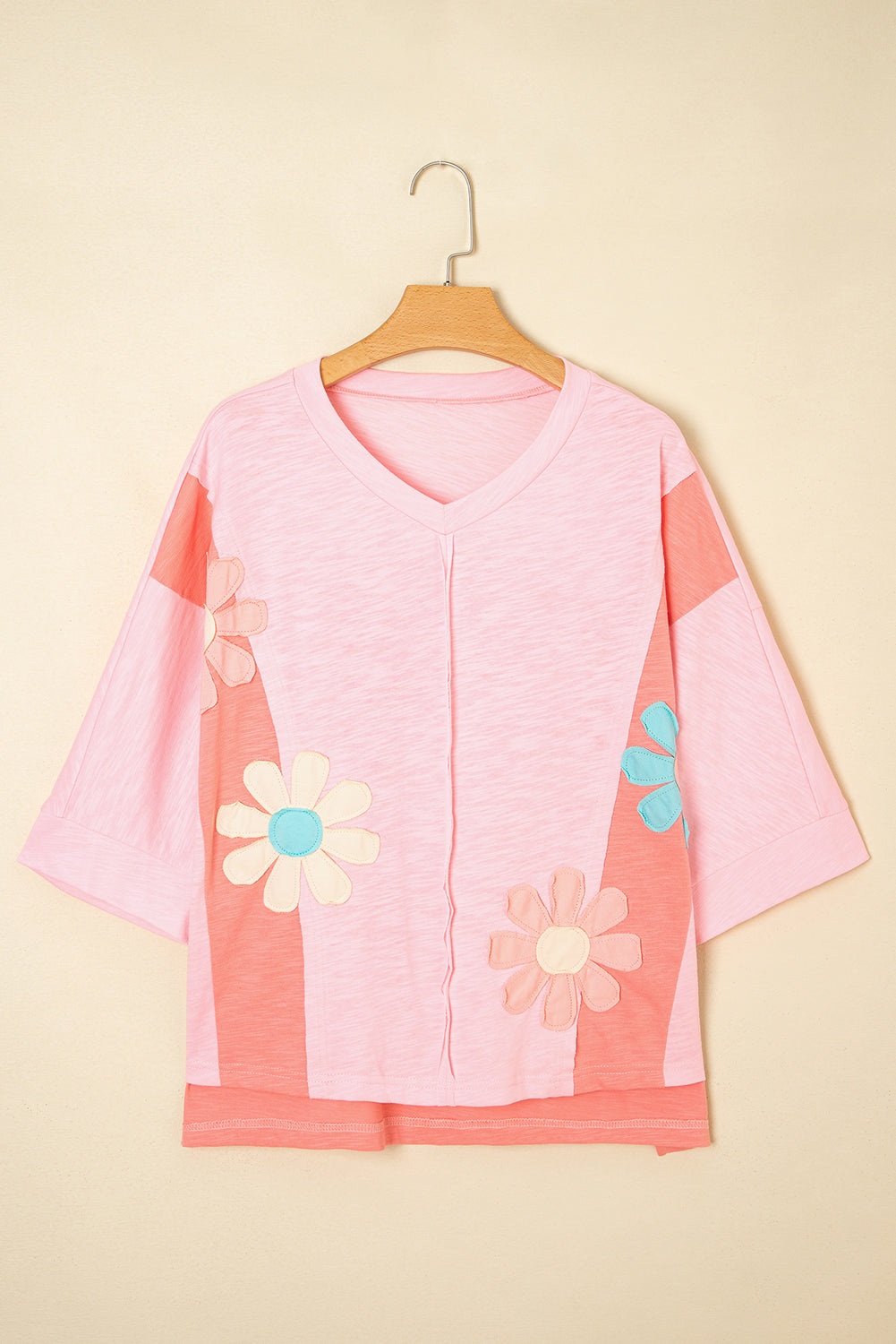Light Blue Flower Patched Exposed Seam 3/4 Sleeve top