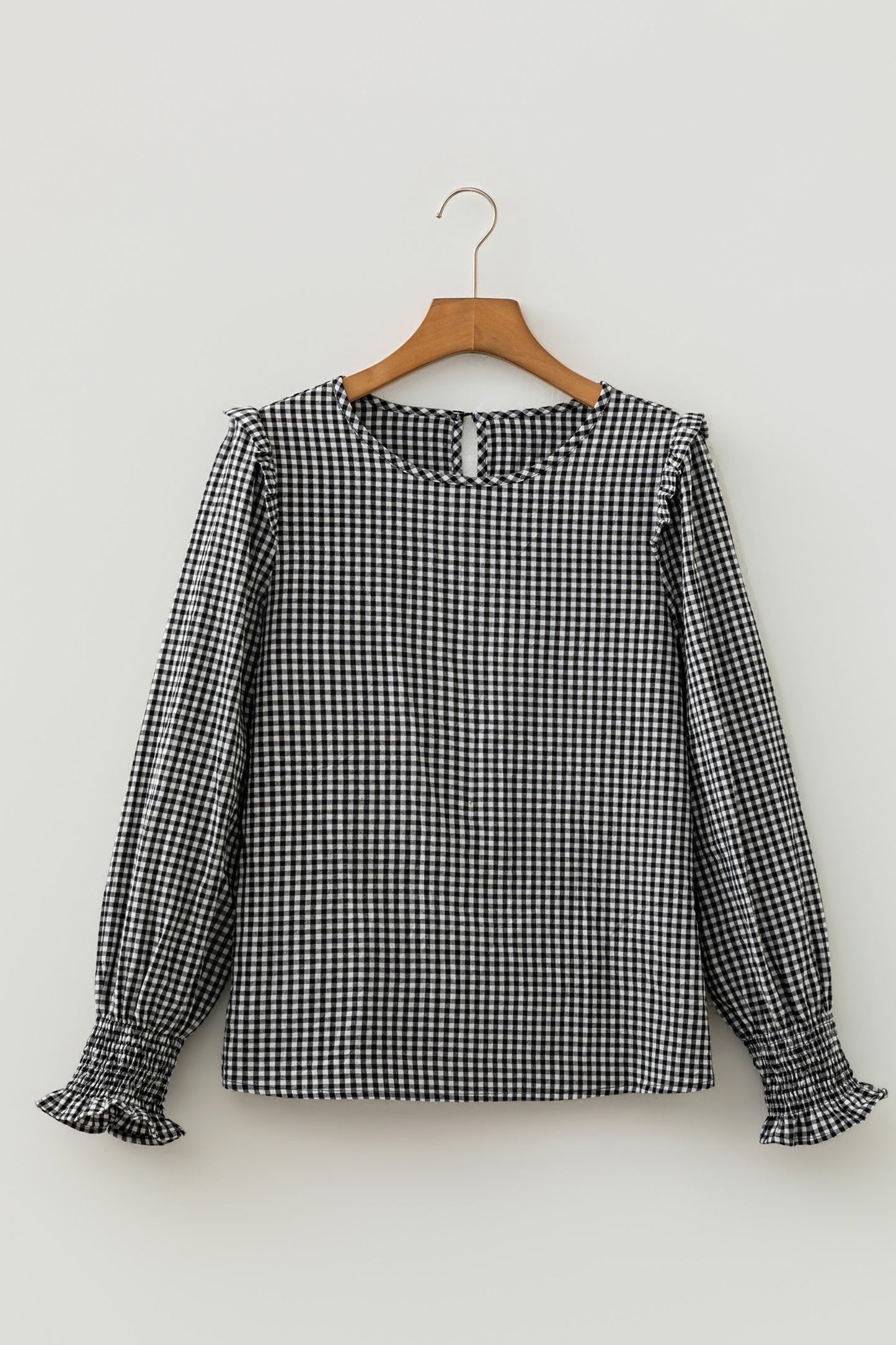 Black Plaid Shirred Cuff Long Sleeve Round Neck Blouse