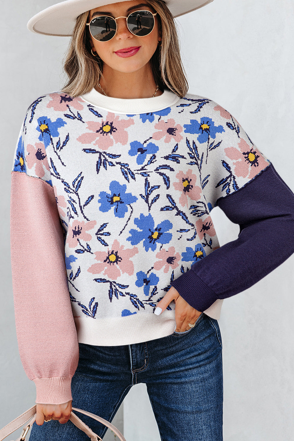Khaki Vibrant Floral Contrast Colorblock Sleeve Pullover Sweater
